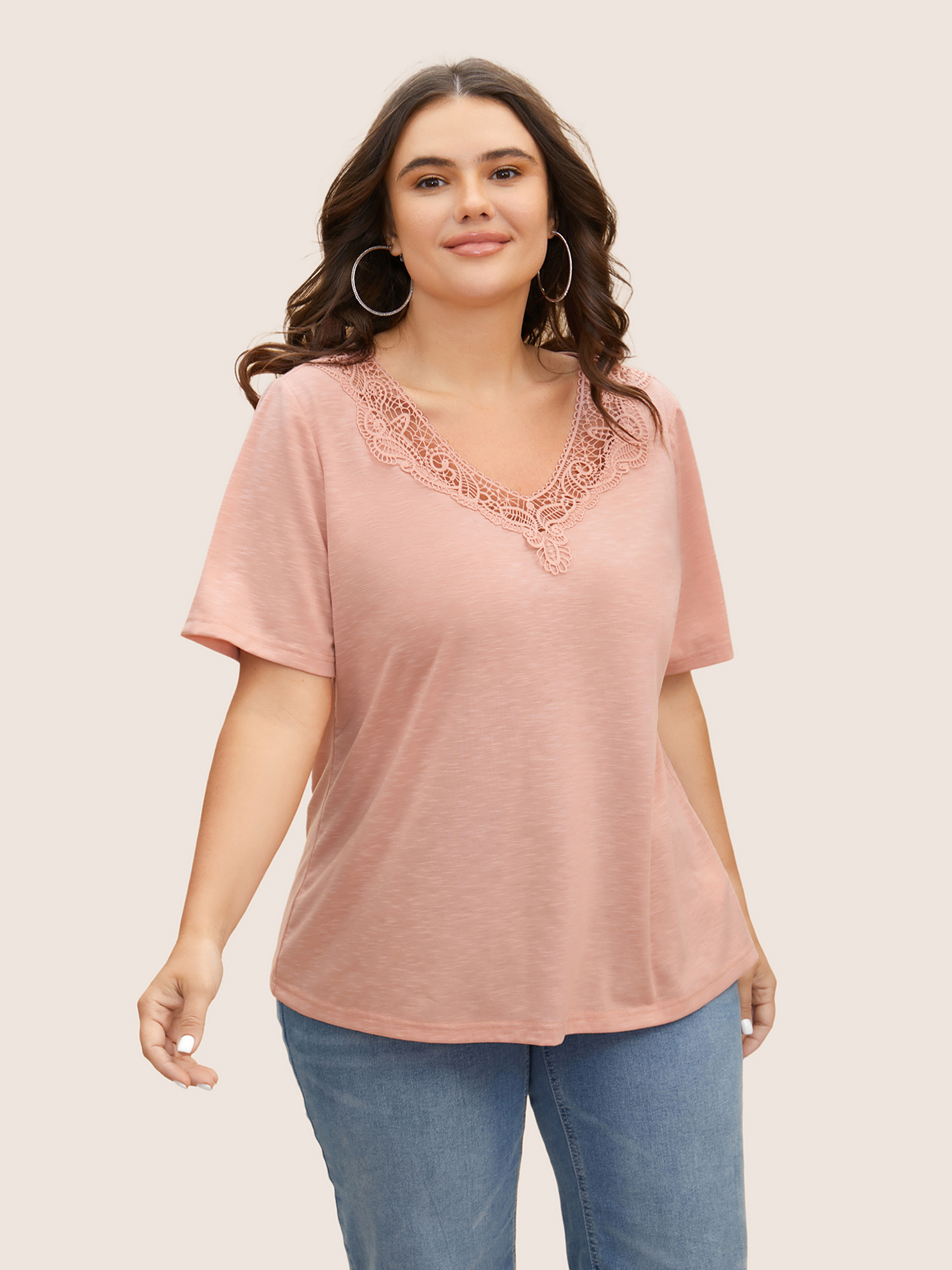 

Plus Size V Neck Lace Panel T-shirt Dirtypink Women Casual See through V-neck Everyday T-shirts BloomChic