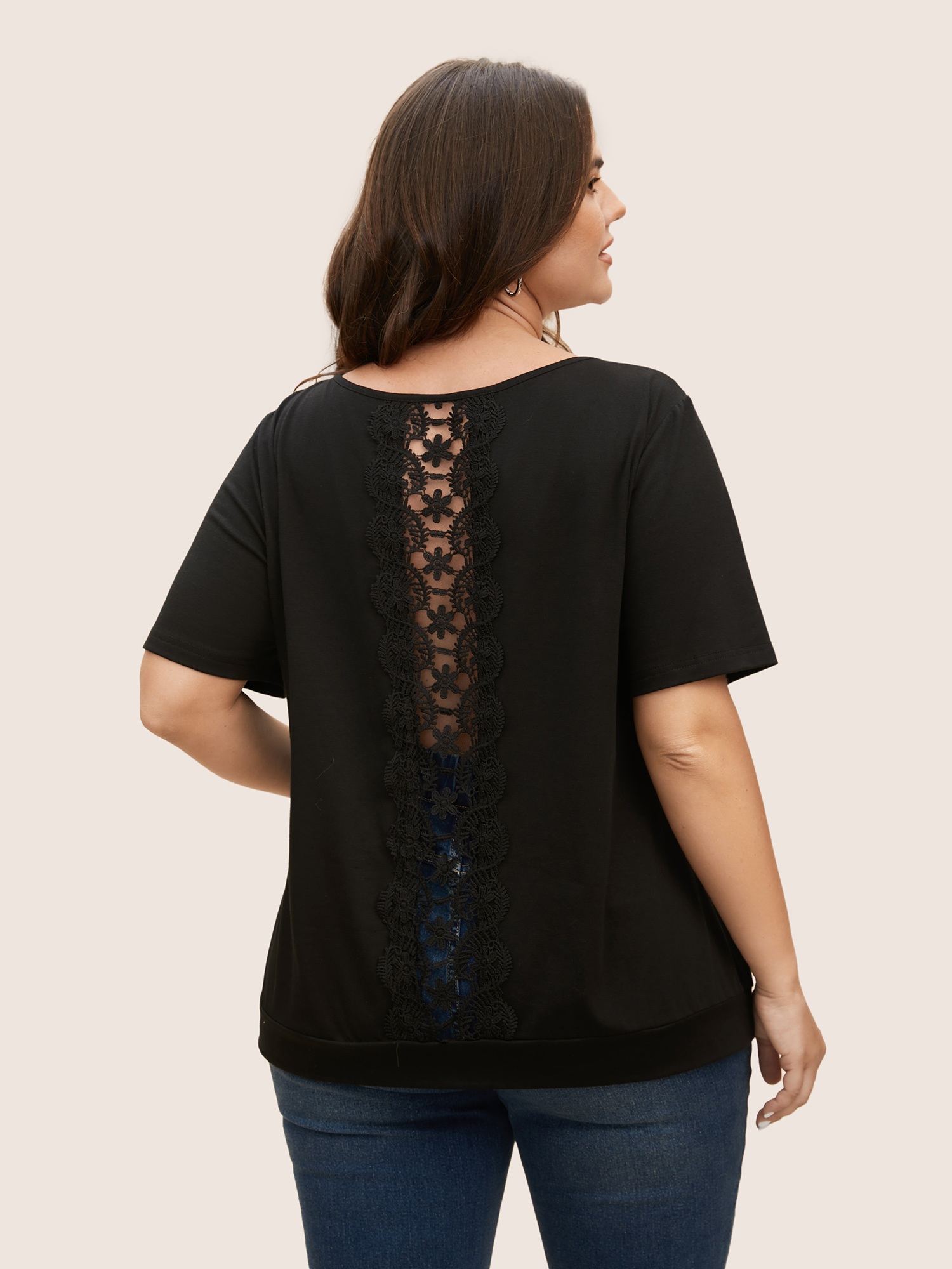 

Plus Size Solid Round Neck Lace Panel T-shirt Black Women Casual See through Round Neck Everyday T-shirts BloomChic