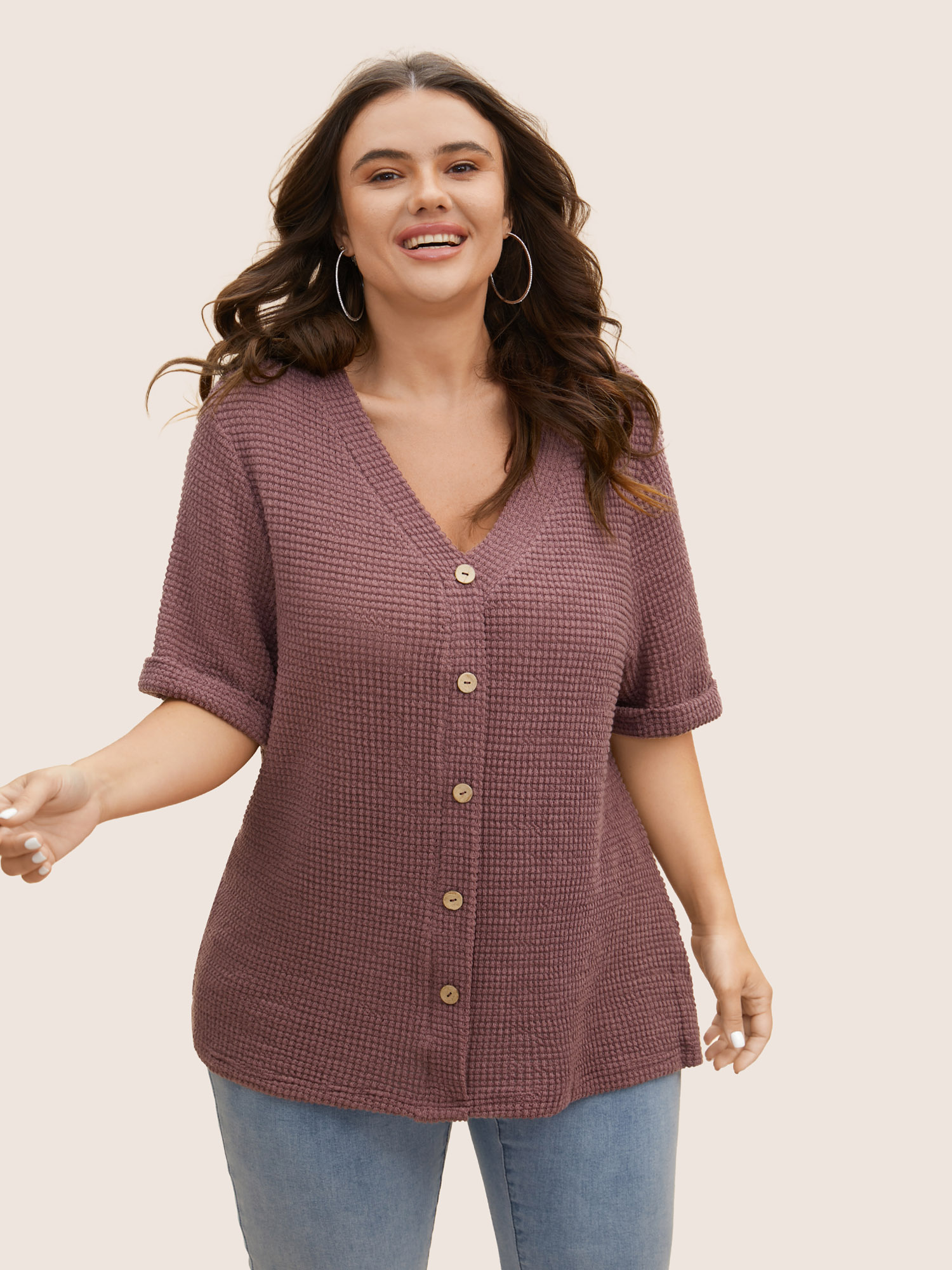 

Plus Size Textured Button Detail Cuffed Sleeve T-shirt DustyPink Women Casual Texture V-neck Everyday T-shirts BloomChic
