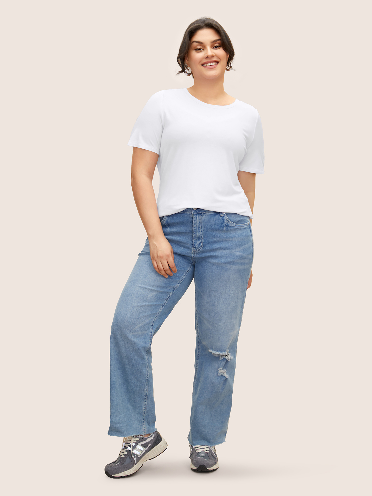 Plus Size Supersoft Essentials Solid Basic Knit T-shirt Originalwhite Women Basics Non Round Neck Bodycon Everyday T-shirts BloomChic 22-24/3X 