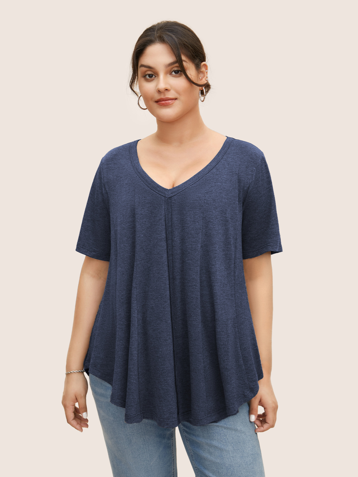 

Plus Size Solid Heather V Neck Curved Hem T-shirt DarkBlue Women Casual Patchwork V-neck Everyday T-shirts BloomChic