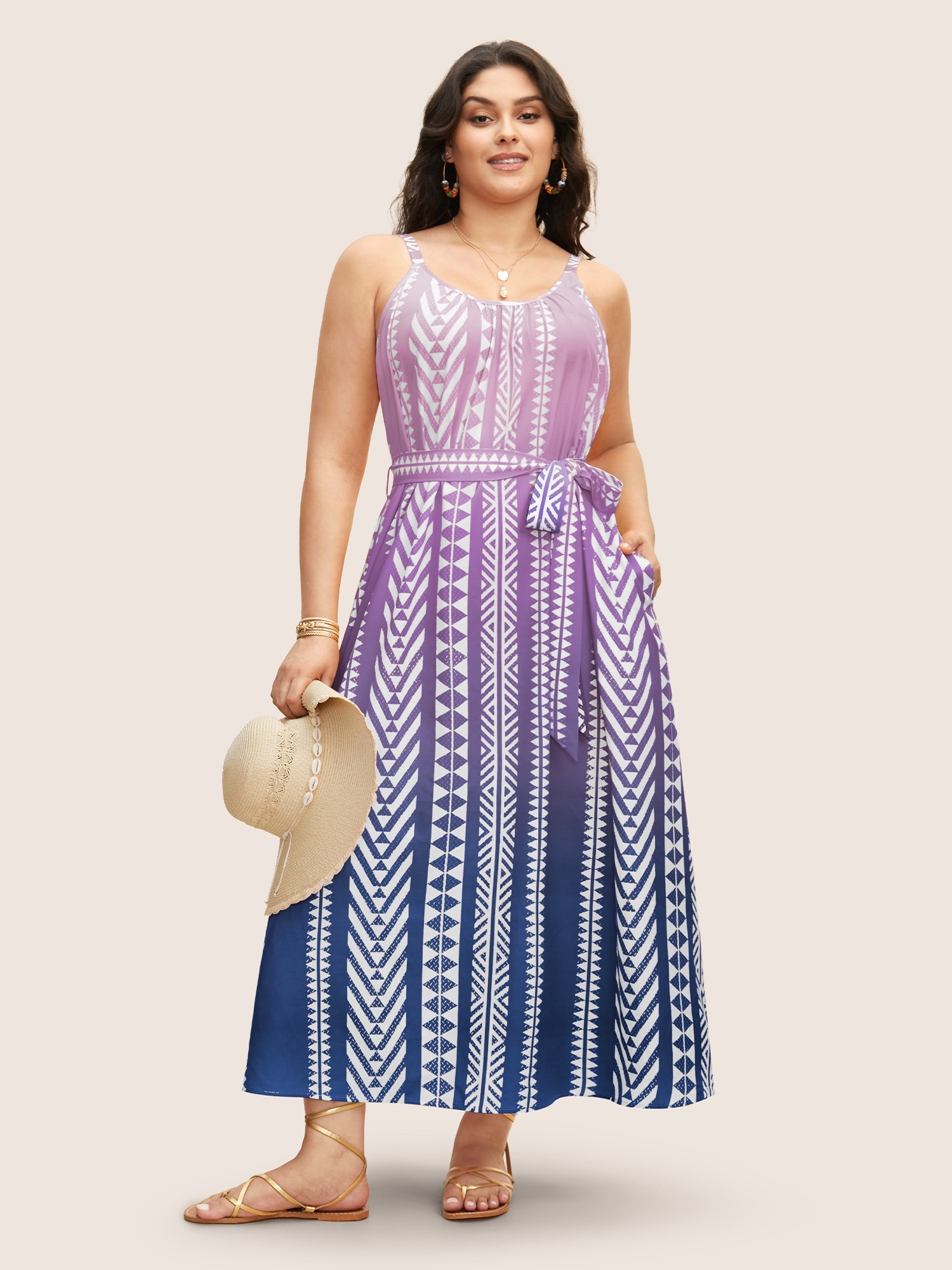 

Plus Size Ombre Contrast Geometric Belted Maxi Dress BlueViolet Women Resort Belted Non Sleeveless Curvy BloomChic