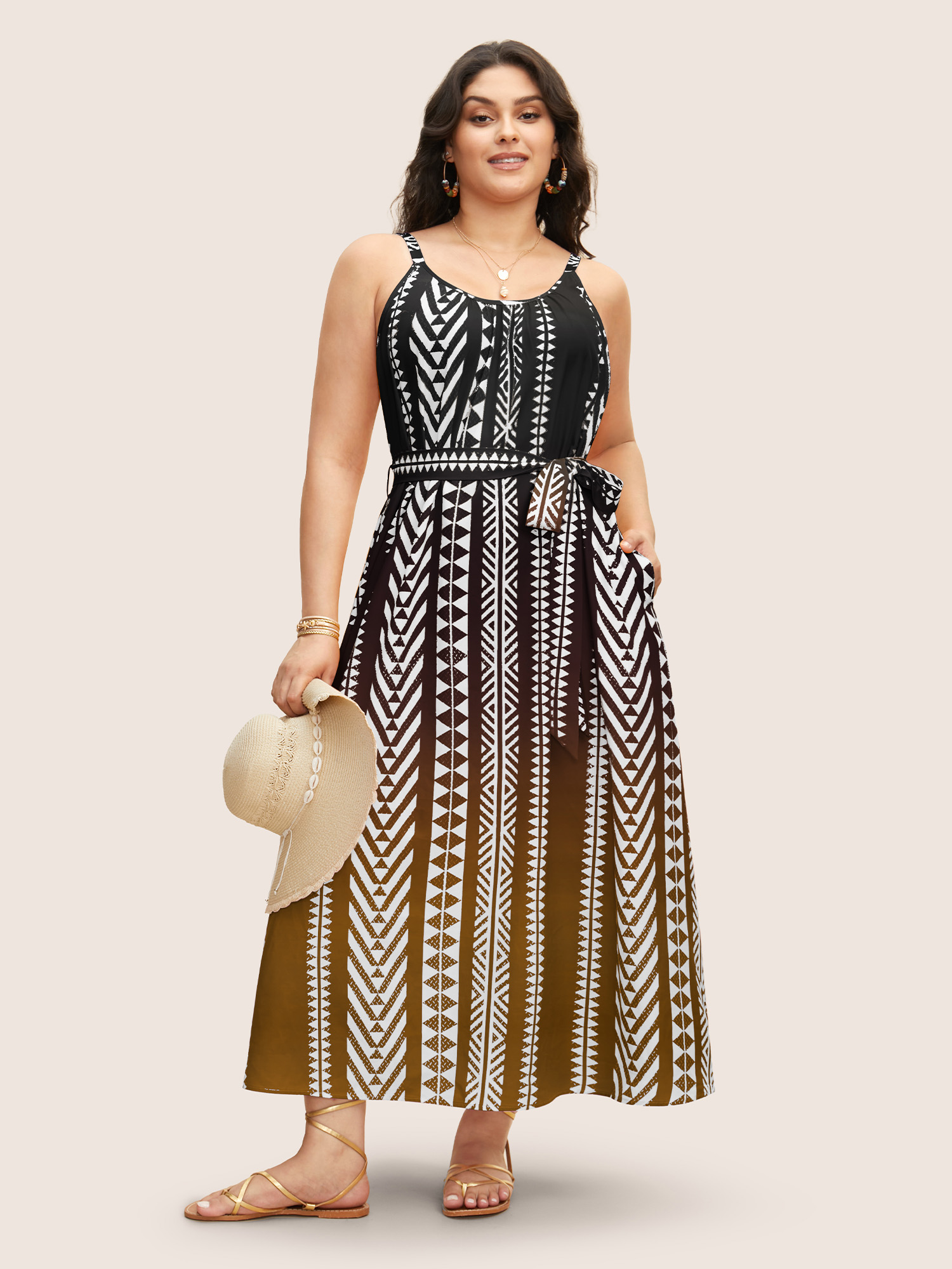 

Plus Size Ombre Contrast Geometric Belted Maxi Dress Black Women Resort Belted Non Sleeveless Curvy BloomChic