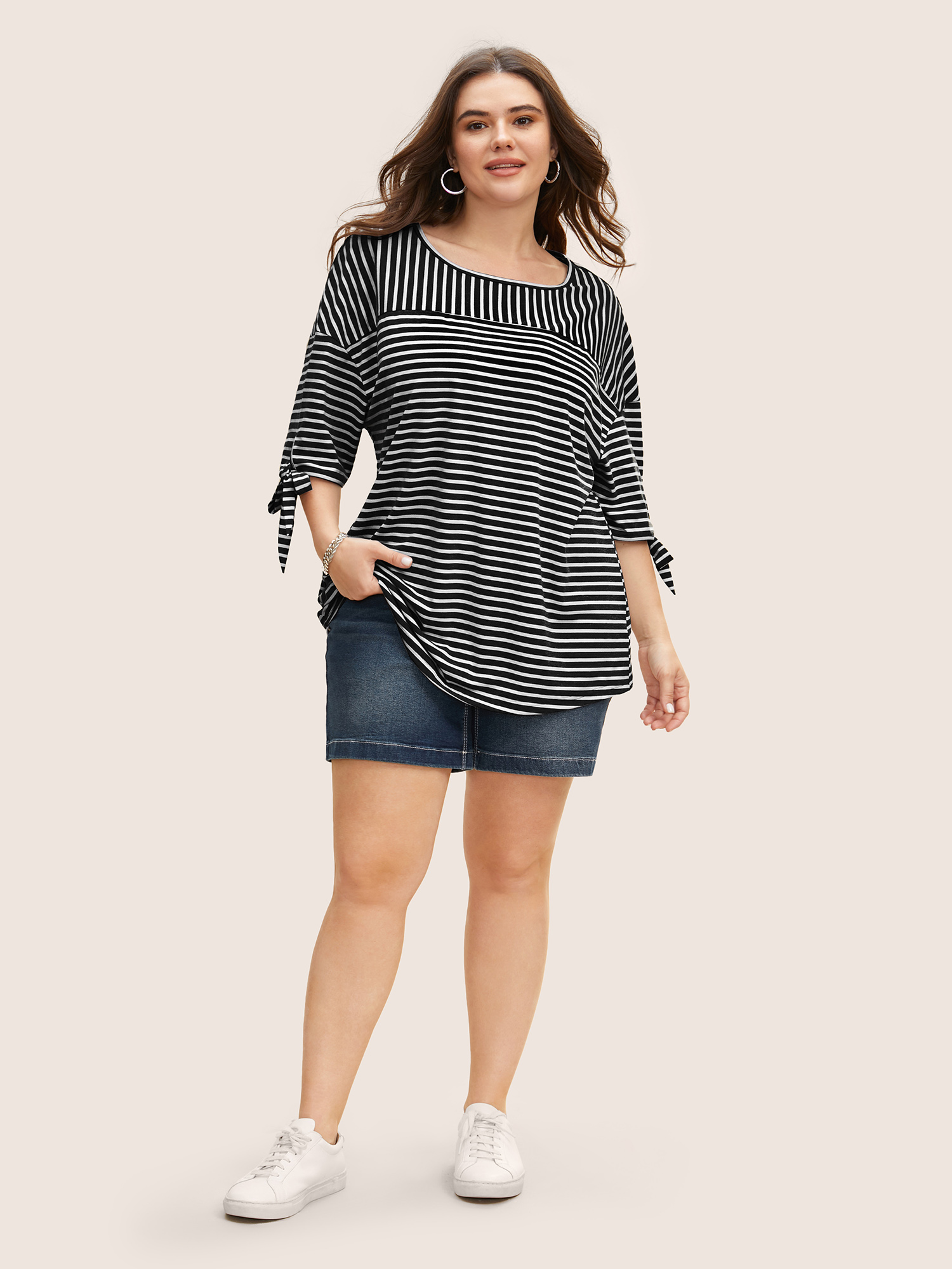Plus Size Striped Boat Neck Tie Knot T-shirt Black Women Casual Tie knot Boat Neck Everyday T-shirts BloomChic 12/L 