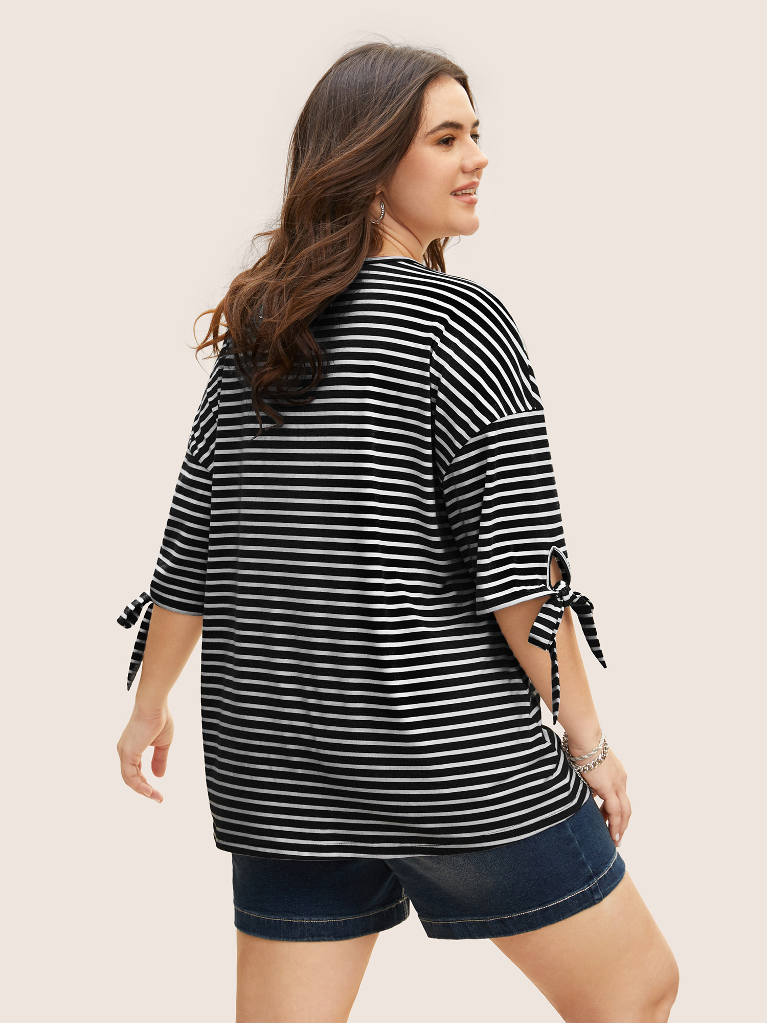 Plus Size Striped Boat Neck Tie Knot T-shirt Black Women Casual Tie knot Boat Neck Everyday T-shirts BloomChic 12/L 