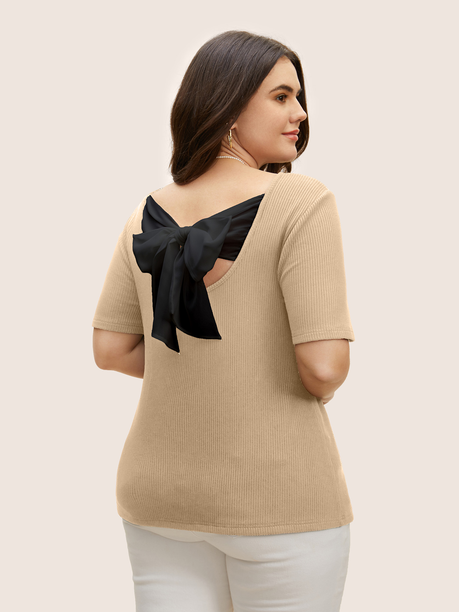 

Plus Size Round Neck Contrast Back Tie Knot T-shirt Champagne Women Elegant Tie knot Round Neck Bodycon Everyday T-shirts BloomChic
