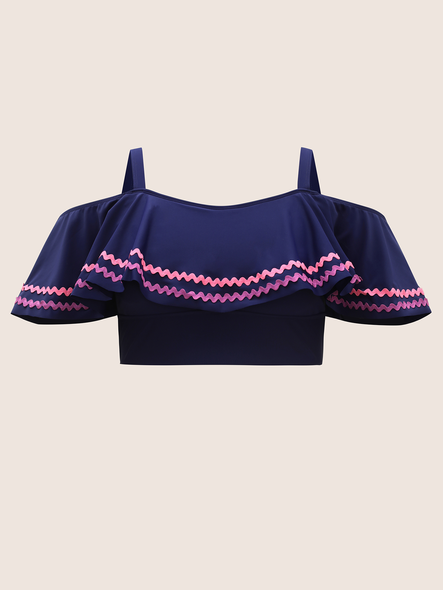 Plus Size Off Shoulder Woven Ribbon Ruffle Trim Swim Top Women`s Swimwear Indigo Beach Woven ribbon&lace trim High stretch Skinny One-shoulder neck Curve Swim Tops BloomChic 12/L 