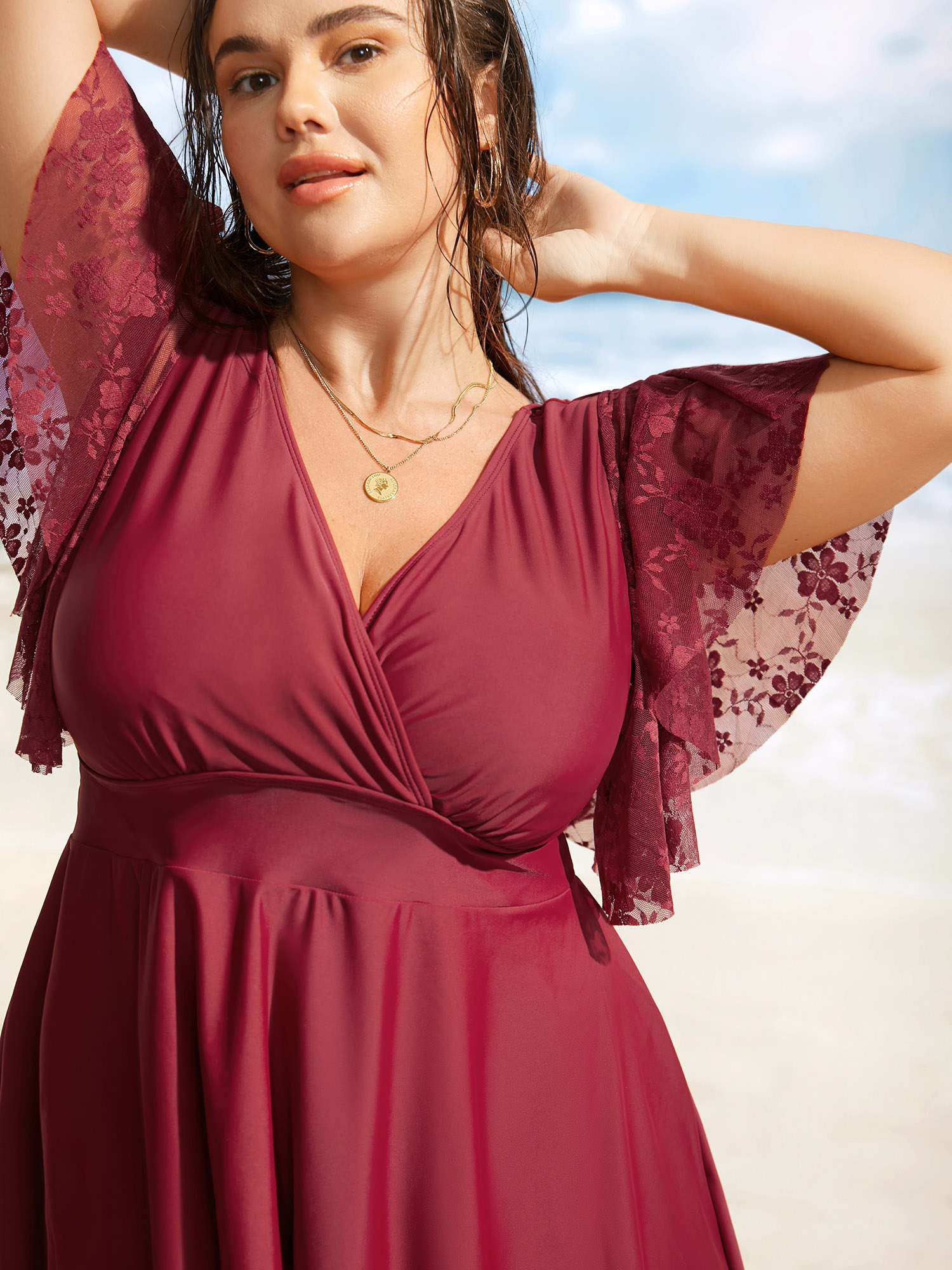 Plus Size Solid Overlap Collar Lace Patchwork Gathered Swim Dress Women`s Swimwear Deepred Beach Bodycon Overlap Collar High stretch Curve Swim Dresses BloomChic 10/M 