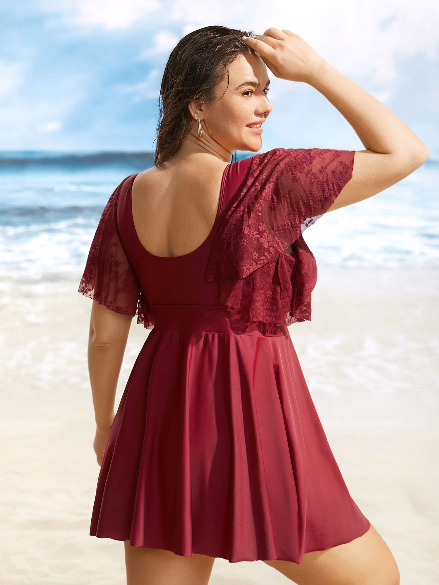 Plus Size Solid Overlap Collar Lace Patchwork Gathered Swim Dress Women`s Swimwear Deepred Beach Bodycon Overlap Collar High stretch Curve Swim Dresses BloomChic 10/M 