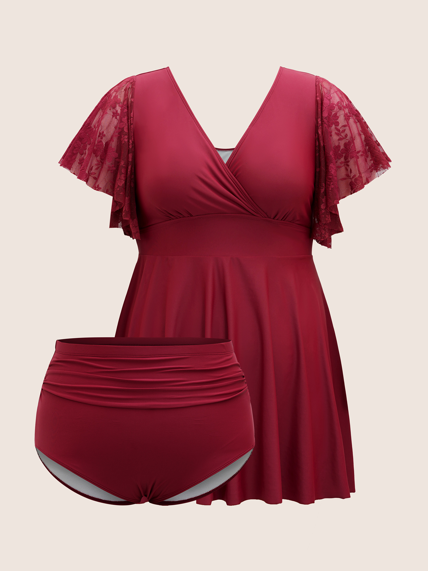 Plus Size Solid Overlap Collar Lace Patchwork Gathered Swim Dress Women`s Swimwear Deepred Beach Bodycon Overlap Collar High stretch Curve Swim Dresses BloomChic 10/M 