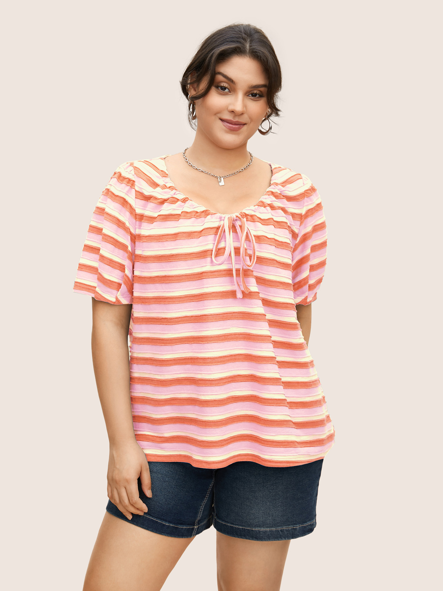 

Plus Size V Neck Textured Striped Tie Knot T-shirt Blush Women Casual Texture V-neck Everyday T-shirts BloomChic