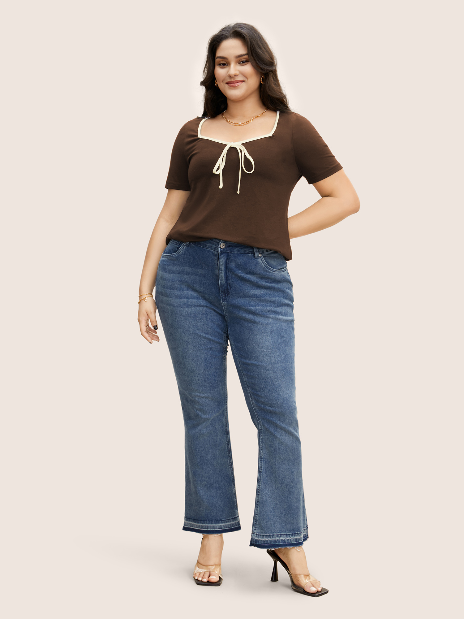 

Plus Size Square Neck Contrast Trim Tie Knot T-shirt DarkBrown Square Neck Short sleeve Elegant Jersey Tops