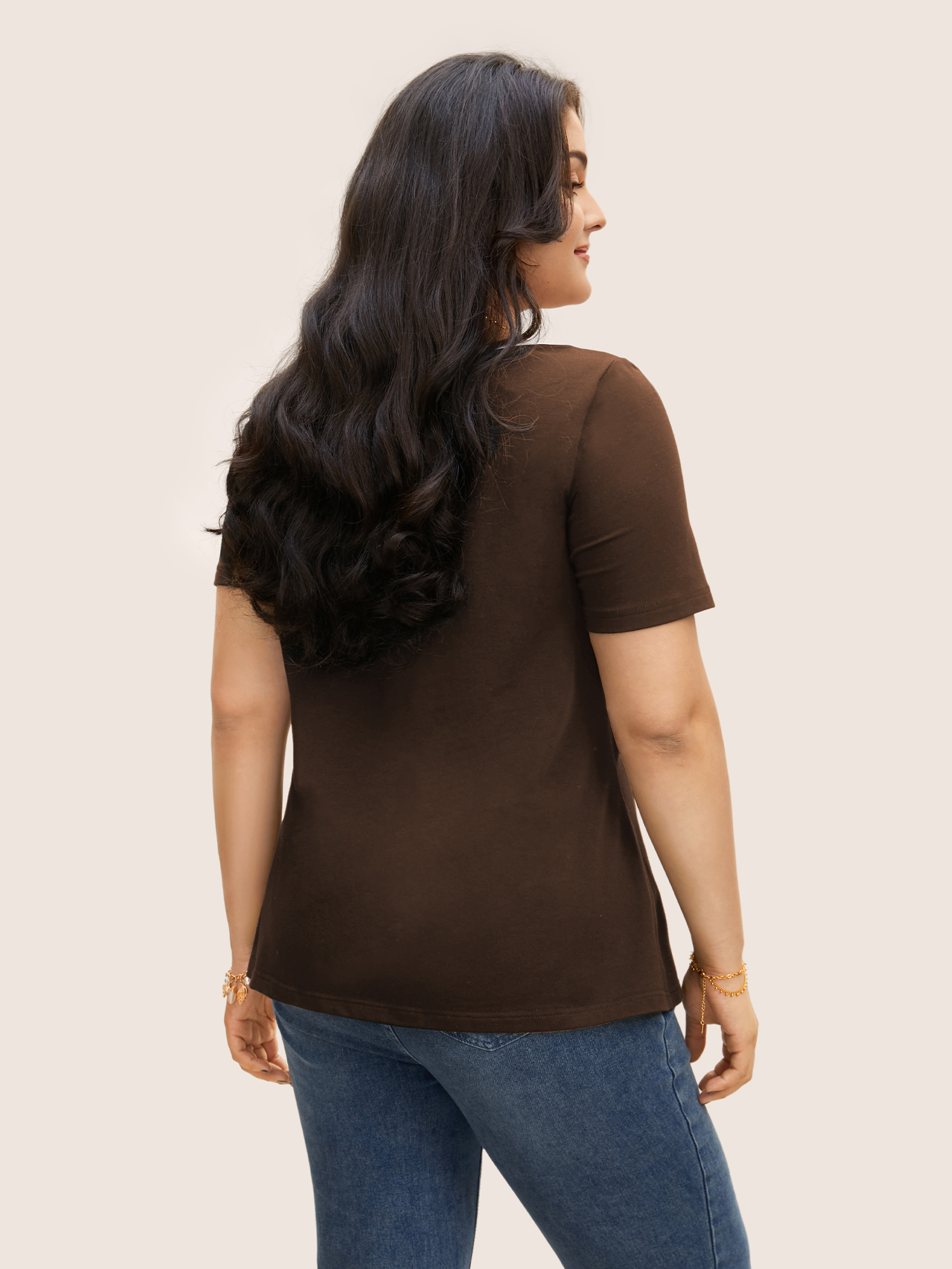 Plus Size Square Neck Contrast Trim Tie Knot T-shirt DarkBrown Women Elegant Tie knot Square Neck Bodycon Everyday T-shirts BloomChic 22-24/3X 