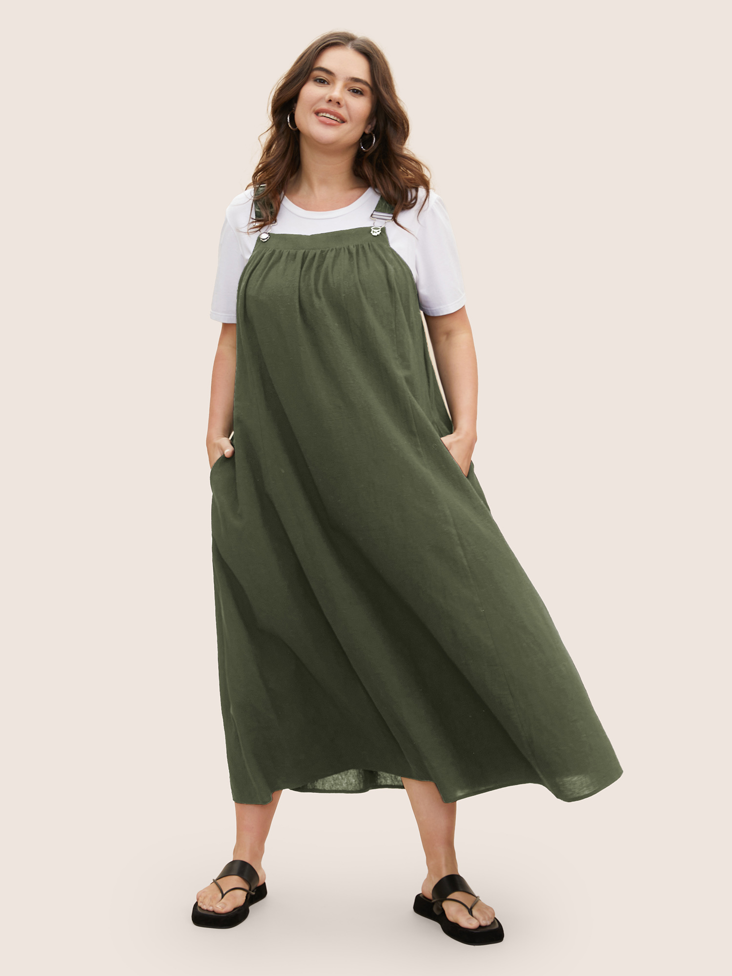 

Plus Size Cotton Solid Adjustable Straps Pocket Midi Dress ArmyGreen Women Gathered Non Sleeveless Curvy BloomChic