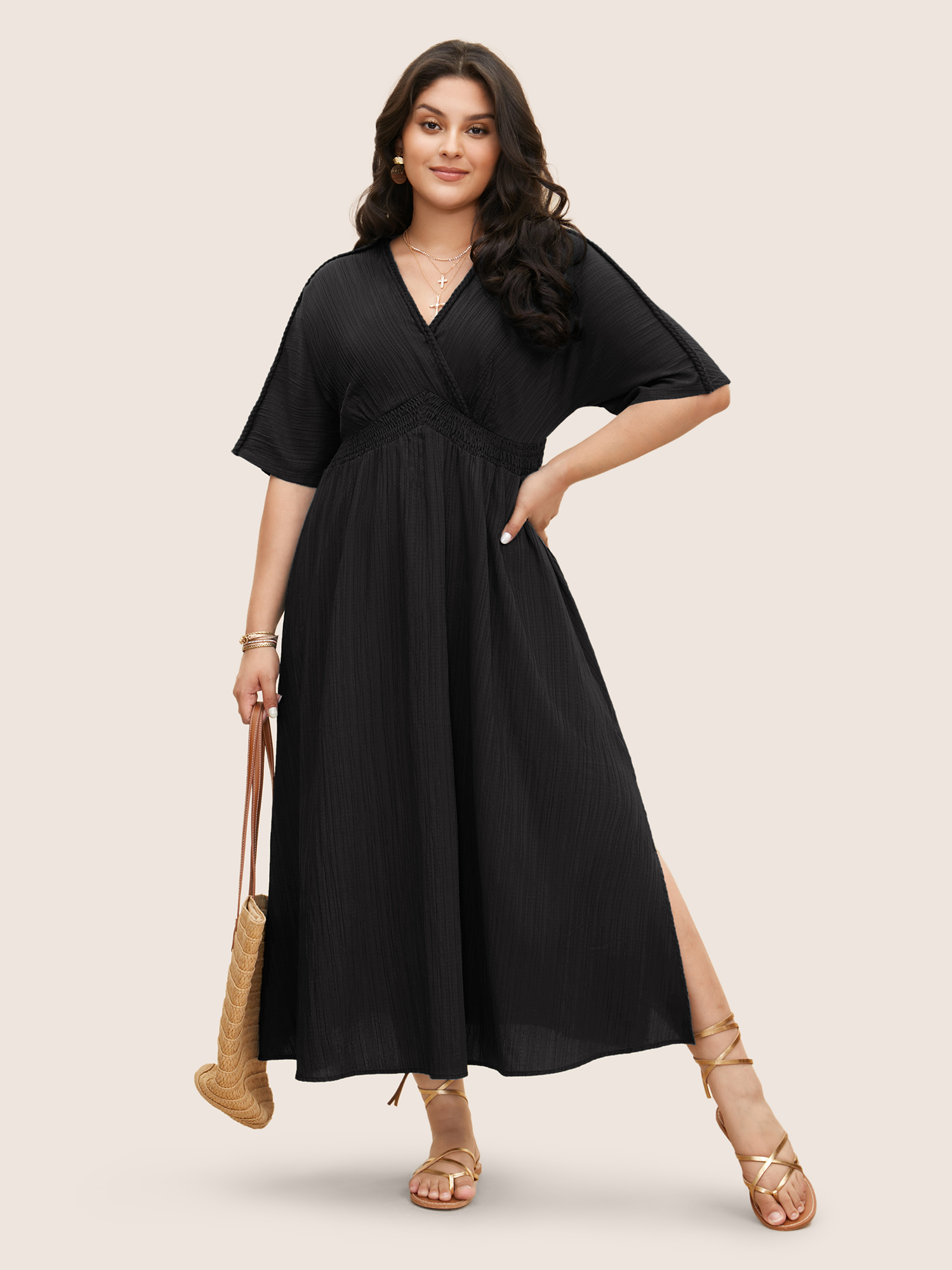 

Plus Size V Neck Shirred Contrast Webbing Split Side Dress Black Women Texture V-neck Half Sleeve Curvy BloomChic