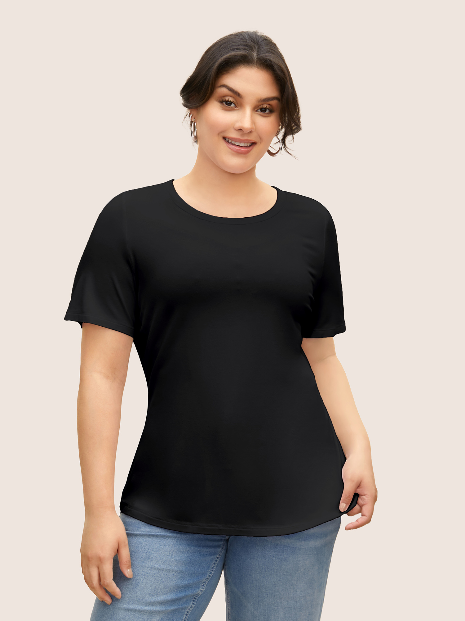 

Plus Size Supersoft Essentials Solid Basic Knit T-shirt Black Women Basics Non Round Neck Bodycon Everyday T-shirts BloomChic