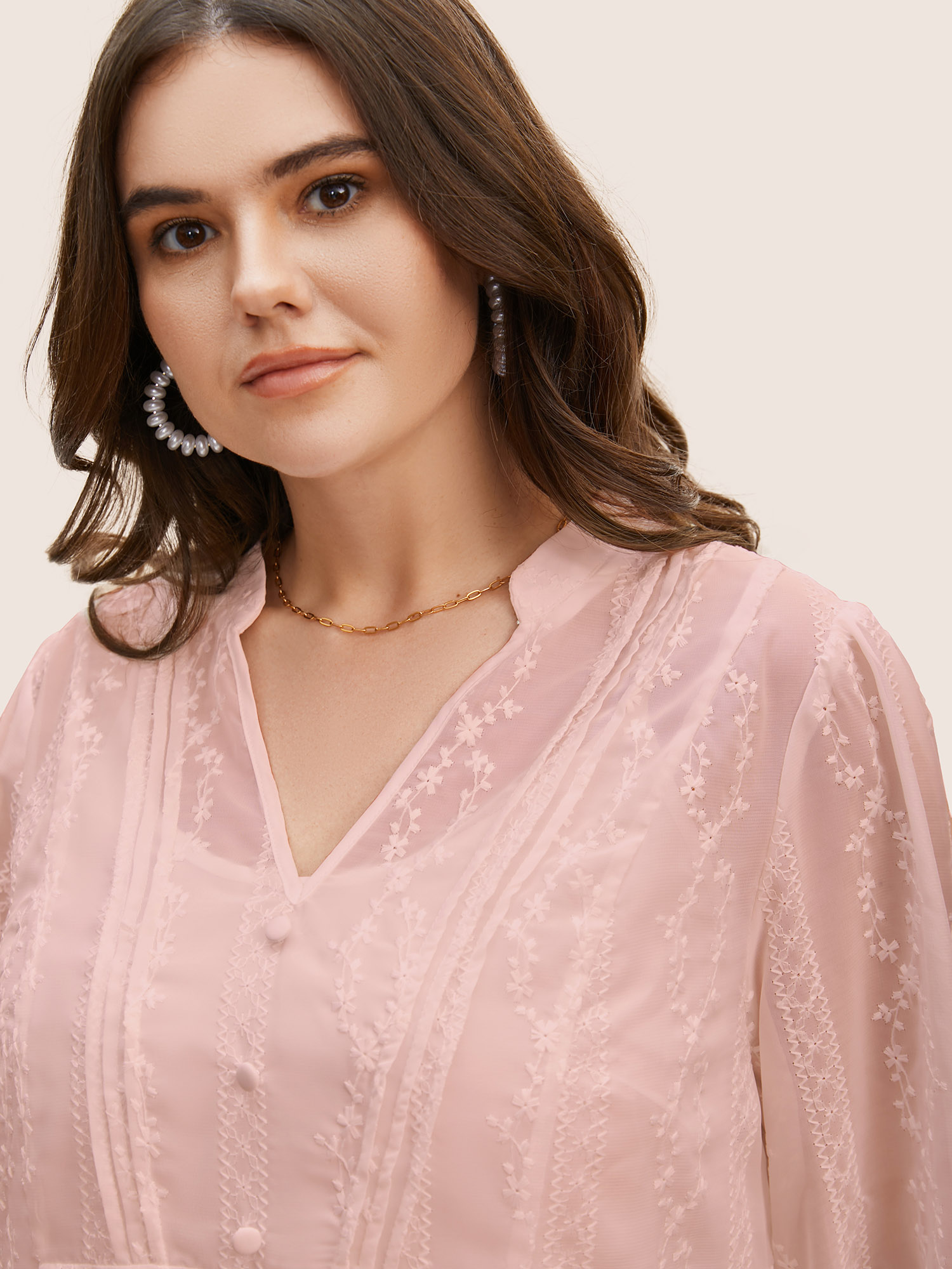 

Plus Size Lightpink Texture Mesh Button Detail Tucked Seam Blouse Women Elegant Elbow-length sleeve V-neck Everyday Blouses BloomChic