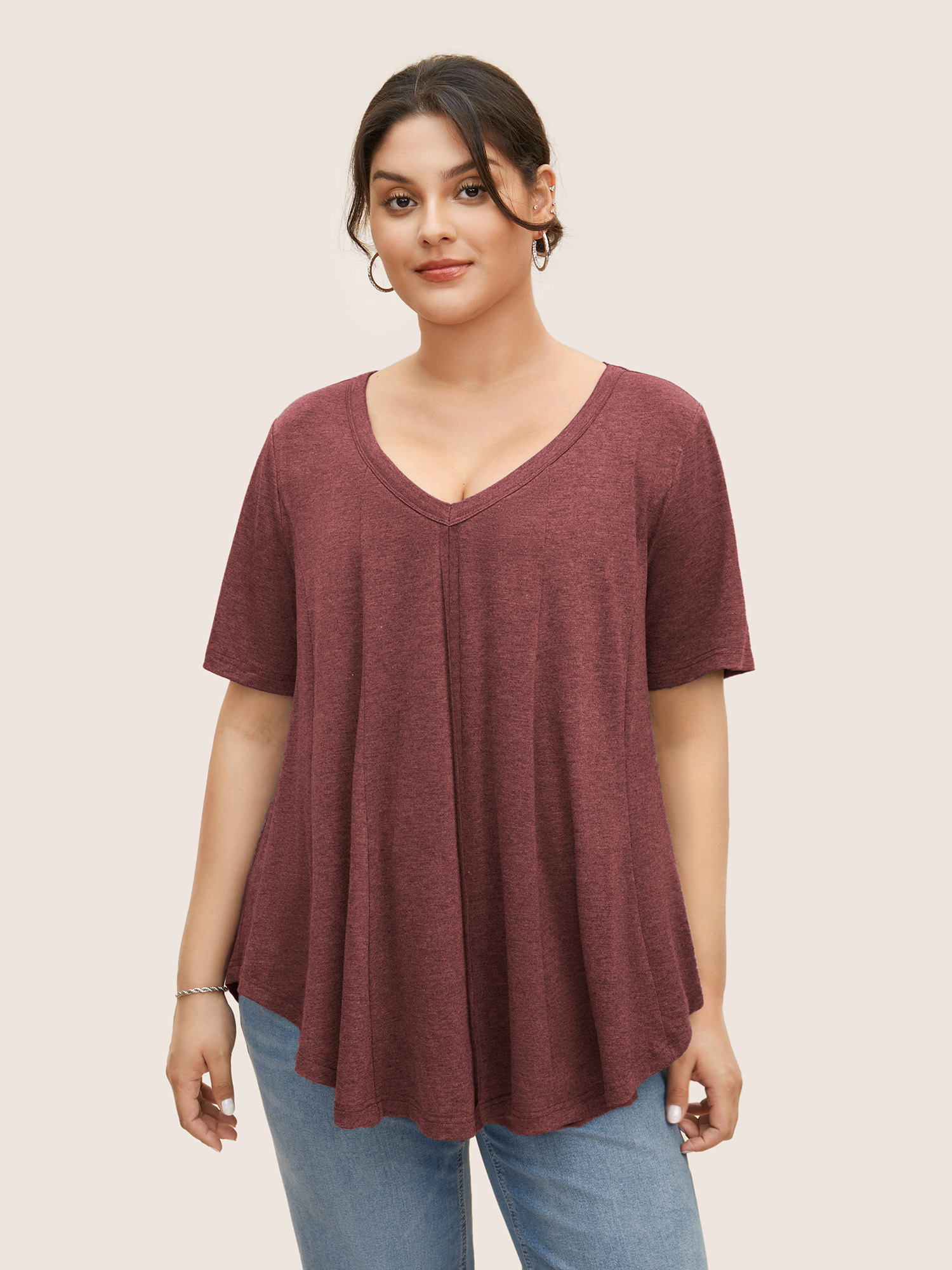 

Solid Heather V Neck Curved Hem T-shirt, Russet