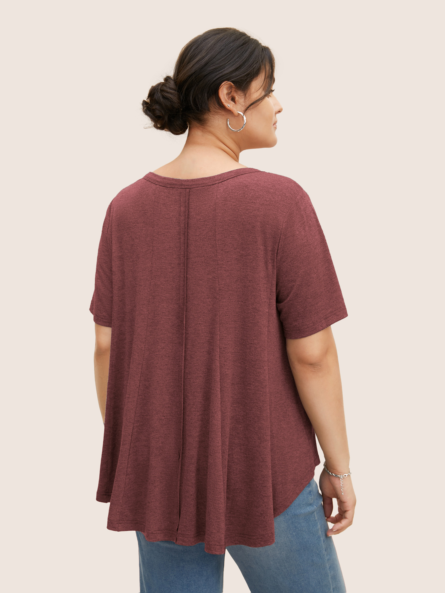 

Plus Size Solid Heather V Neck Curved Hem T-shirt Russet Women Casual Patchwork V-neck Everyday T-shirts BloomChic