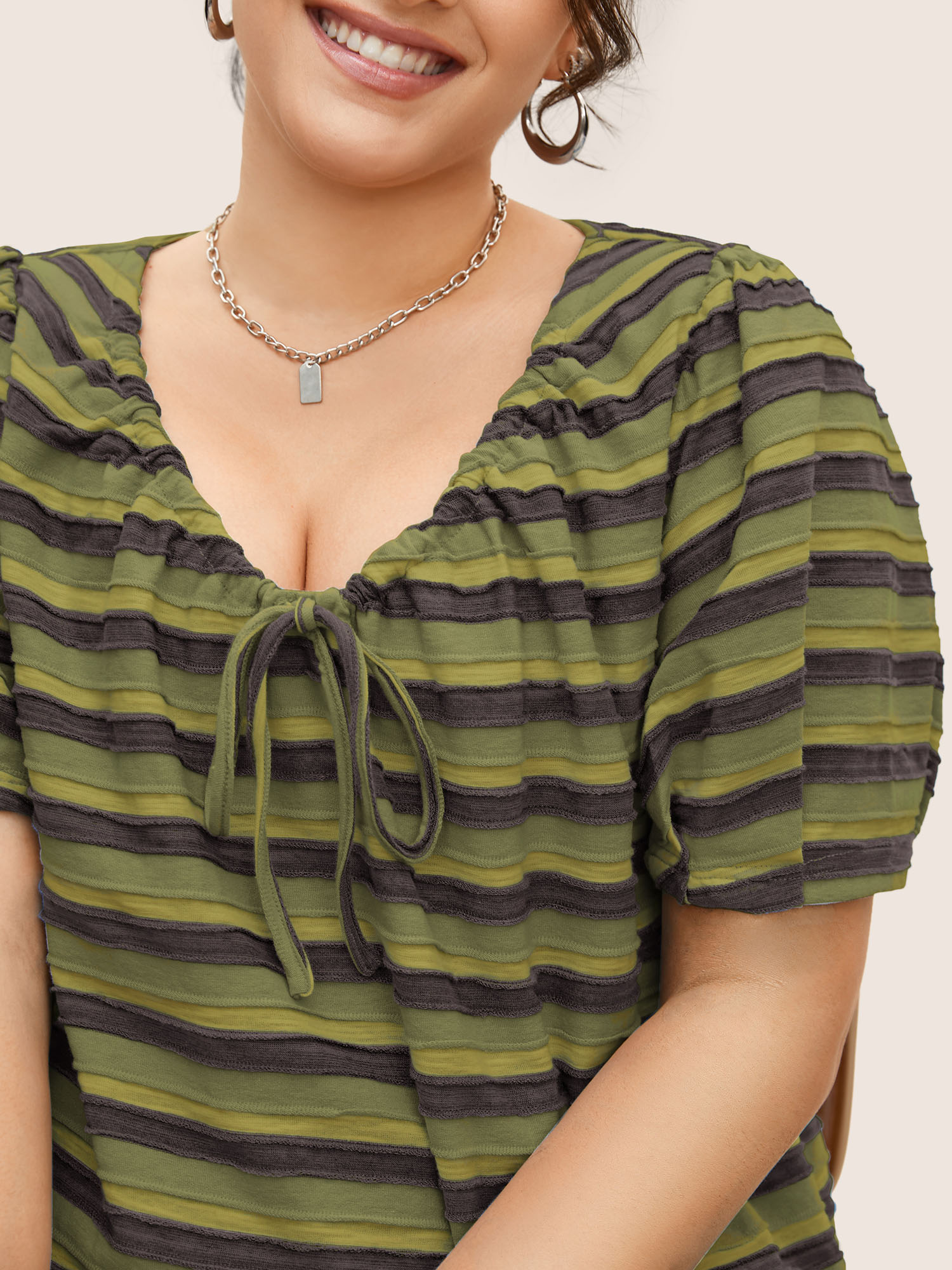 

Plus Size V Neck Textured Striped Tie Knot T-shirt ArmyGreen Women Casual Texture V-neck Everyday T-shirts BloomChic