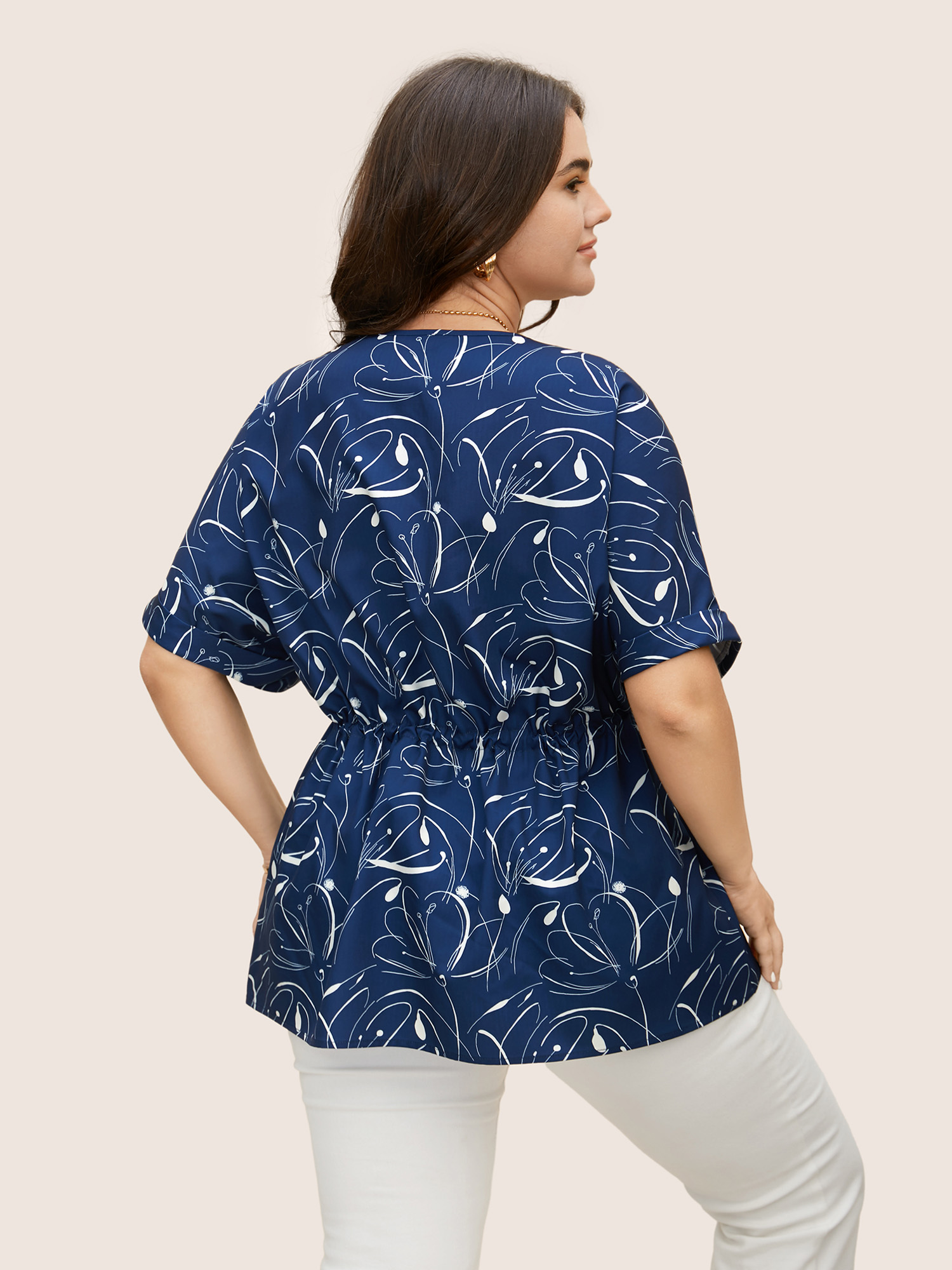 

Plus Size Indigo Geometric Print Drawstring Cuffed Sleeve Blouse Women Work From Home Short sleeve V-neck Work Blouses BloomChic