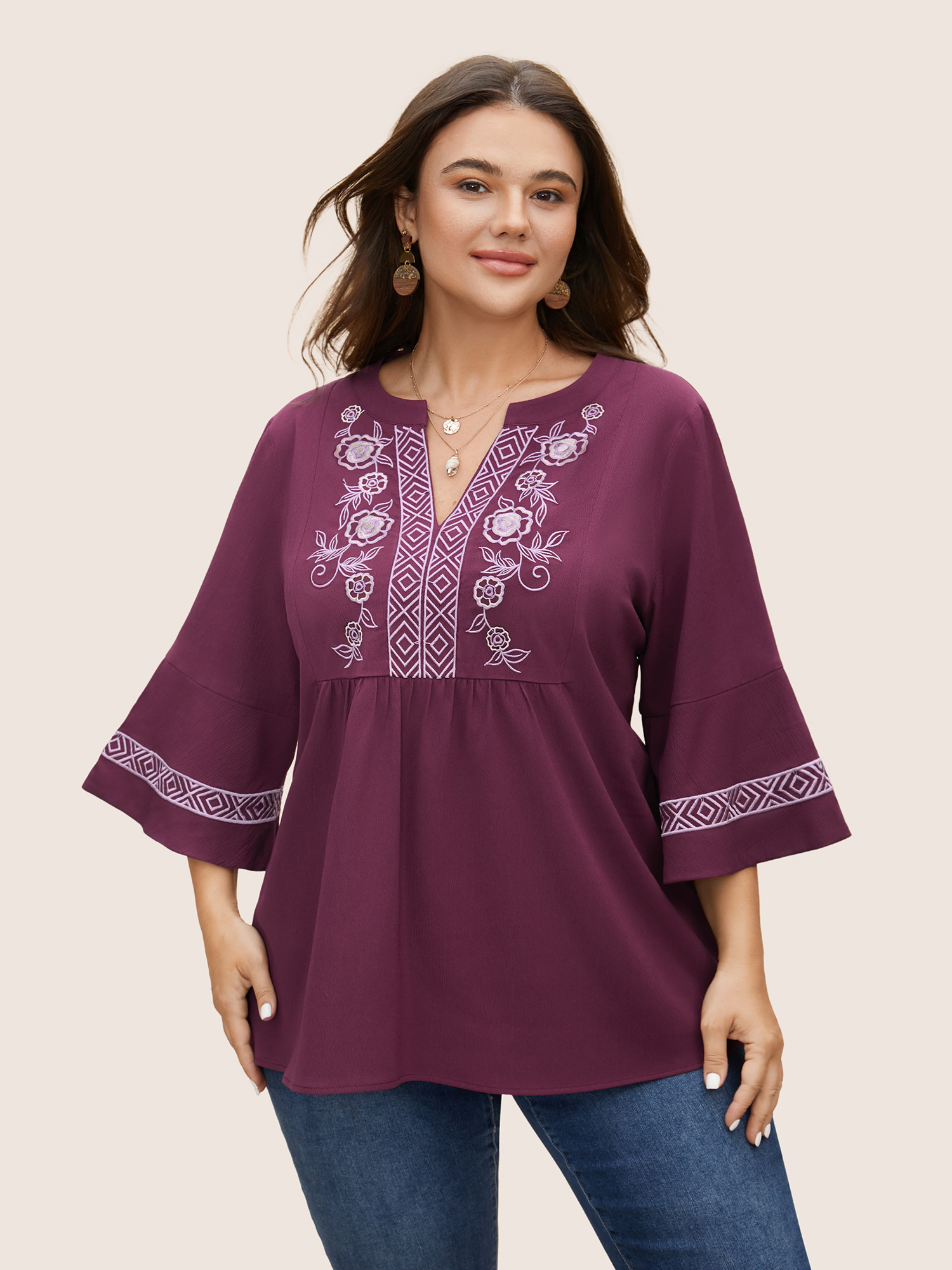 

Plus Size Plum Boho Print Embroidered Gathered Notched Blouse Women Resort Half Sleeve Flat collar with V-notch Vacation Blouses BloomChic