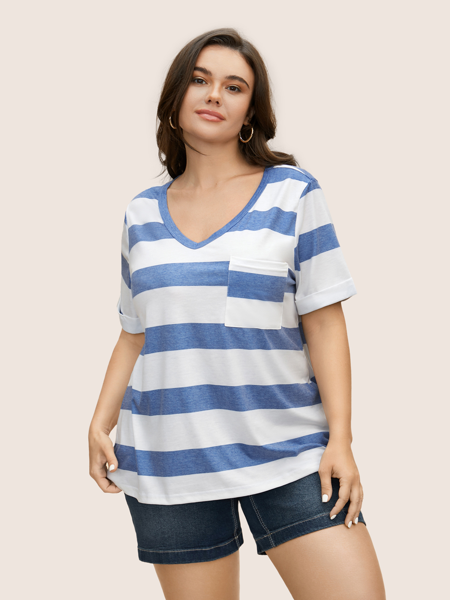 

Plus Size V Neck Striped Patched Pocket T-shirt Mediumblue Women Casual Non Striped V-neck Everyday T-shirts BloomChic