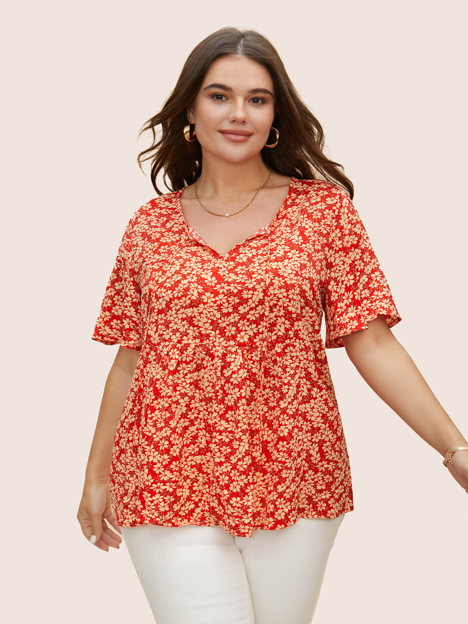 

Plus Size Crimson Ditsy Floral Ruffle Sleeve Gathered Ties Blouse Women Elegant Short sleeve Ribbon-tied collar Everyday Blouses BloomChic