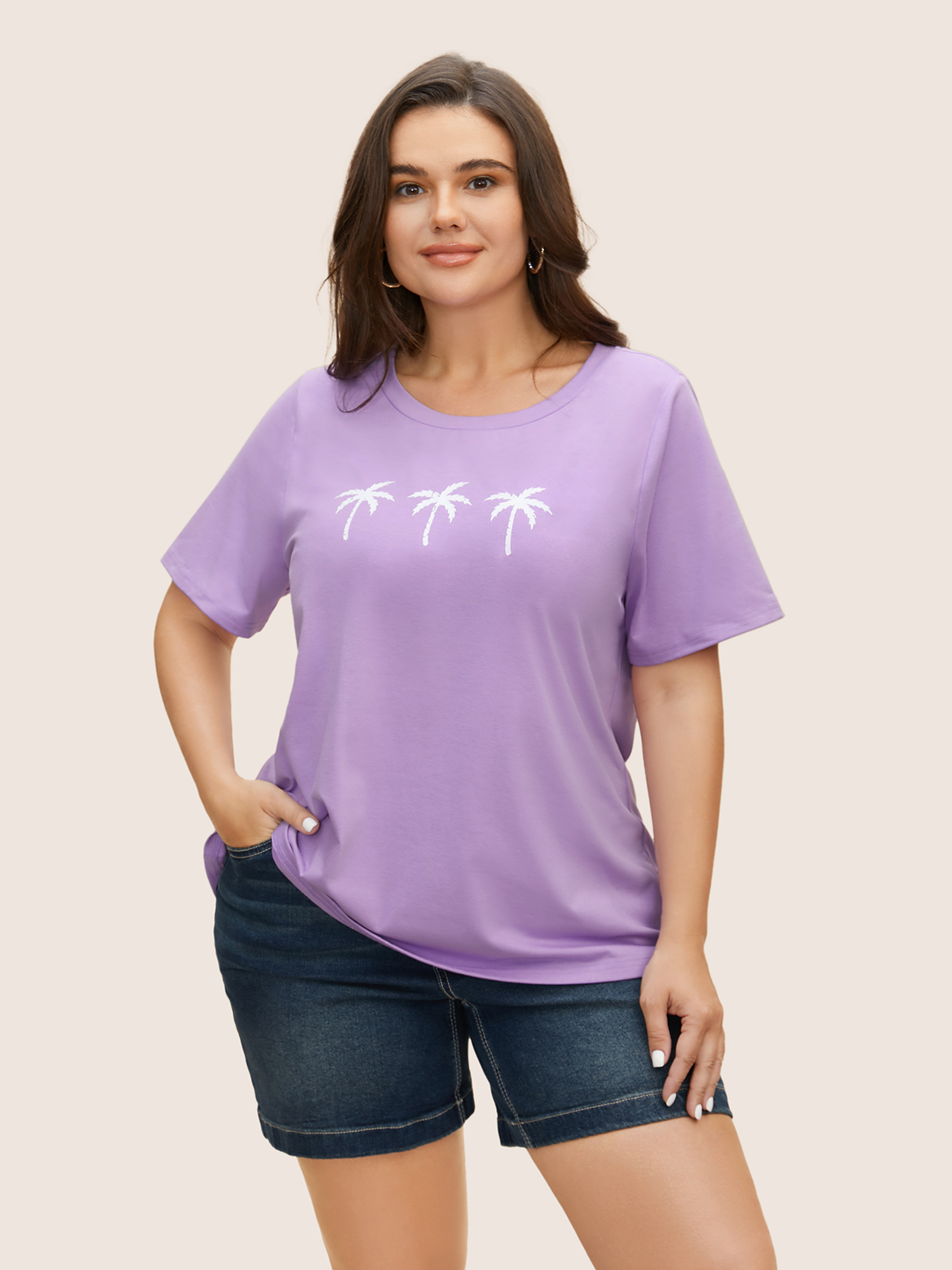 

Plus Size Tropical Coconut Tree Print Round Neck T-shirt Lilac Women Resort Contrast Art&design Round Neck Vacation T-shirts BloomChic