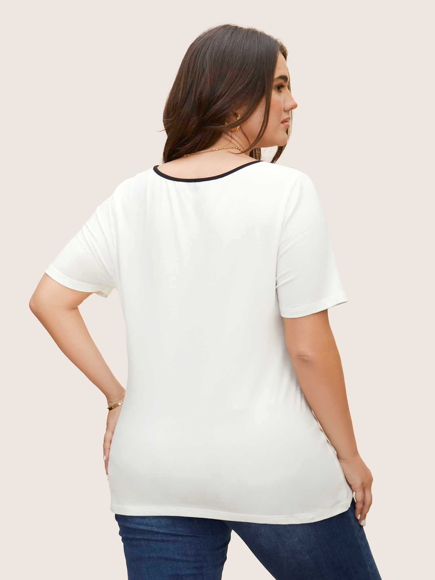 

Plus Size Square Neck Contrast Trim Tie Knot T-shirt Originalwhite Square Neck Short sleeve Elegant Jersey Tops