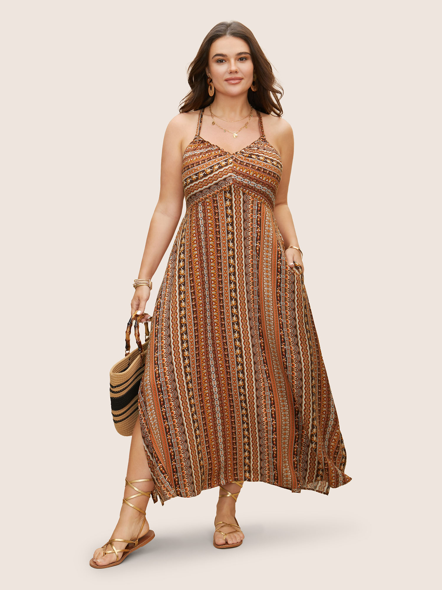 

Plus Size Boho Print Elastic Waist Split Hem Cami Dress Rust Women Non V-neck Sleeveless Curvy BloomChic