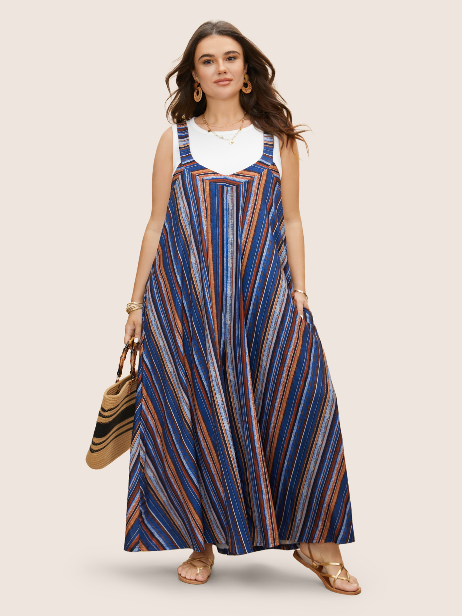 

Plus Size Navy Colored Striped Adjustable Straps Jumpsuit Women Casual Sleeveless Non Everyday Loose Jumpsuits BloomChic