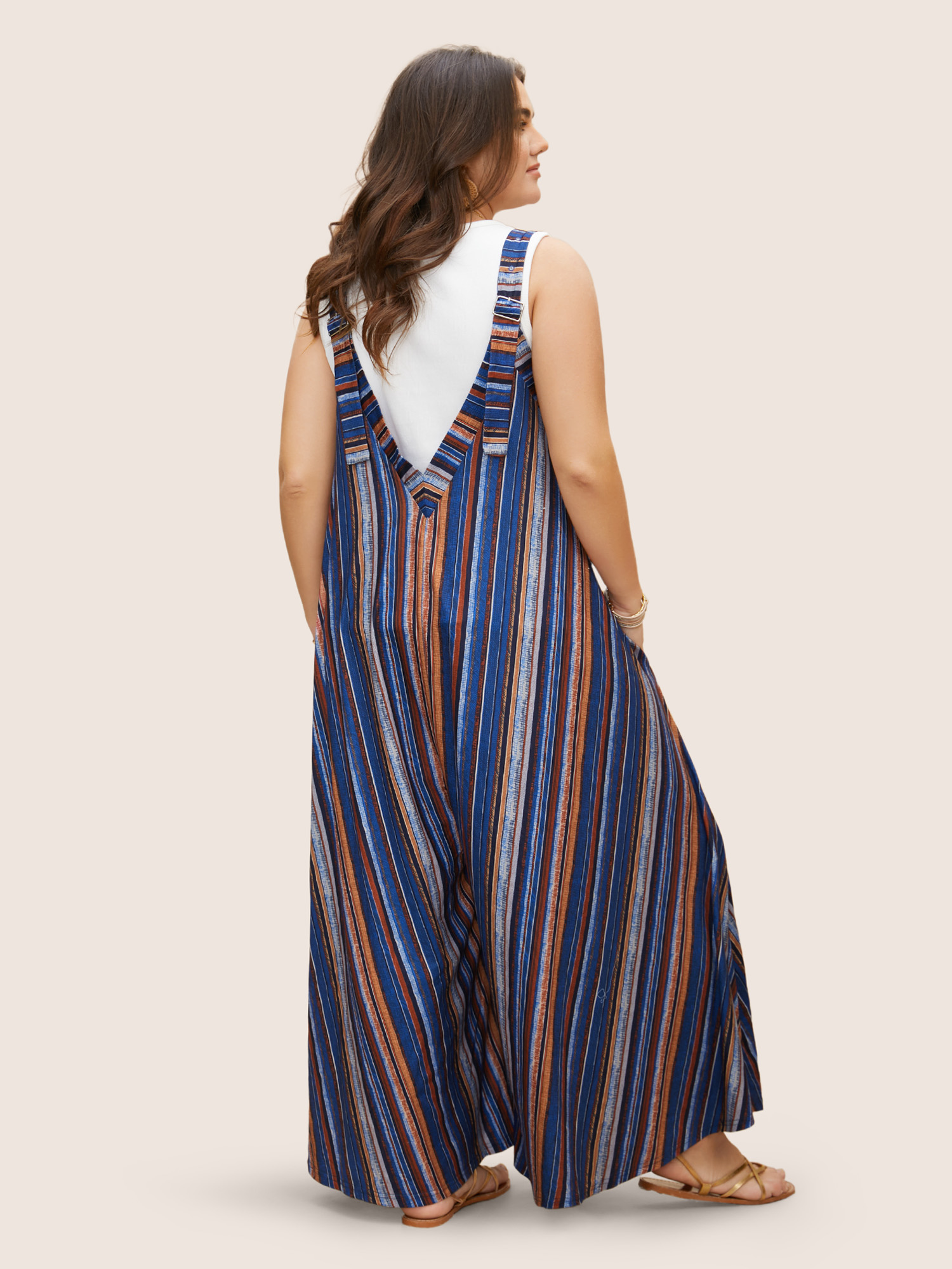 

Plus Size Navy Colored Striped Adjustable Straps Jumpsuit Women Casual Sleeveless Non Everyday Loose Jumpsuits BloomChic