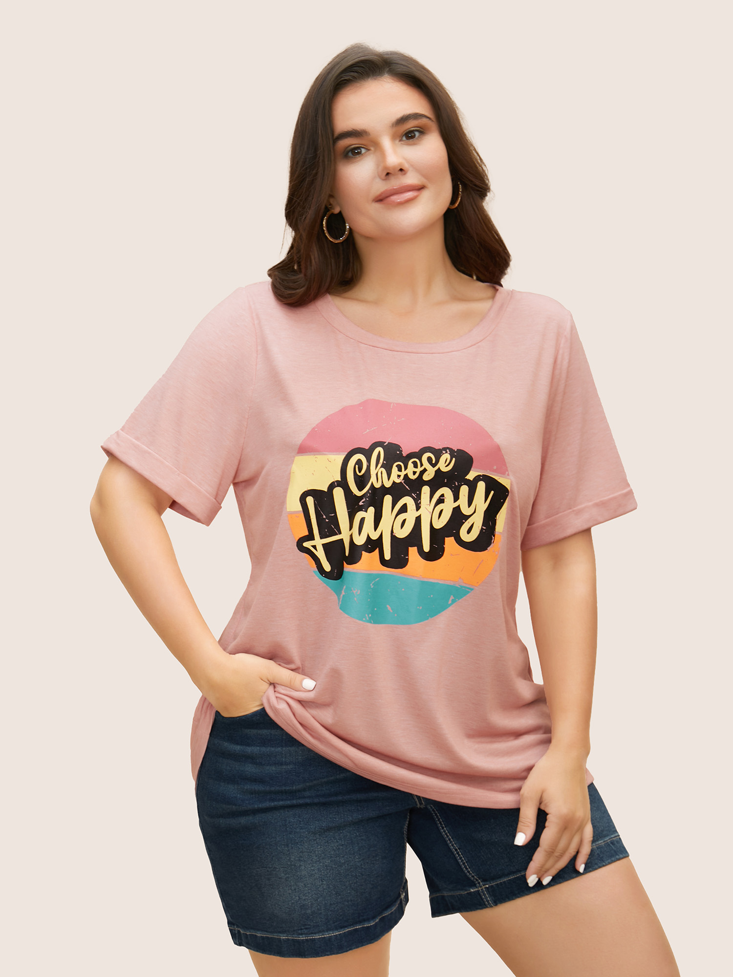 

Plus Size Vintage Rainbow Print Crew Neck T-shirt Nudepink Women Casual Positive slogan Round Neck Everyday T-shirts BloomChic