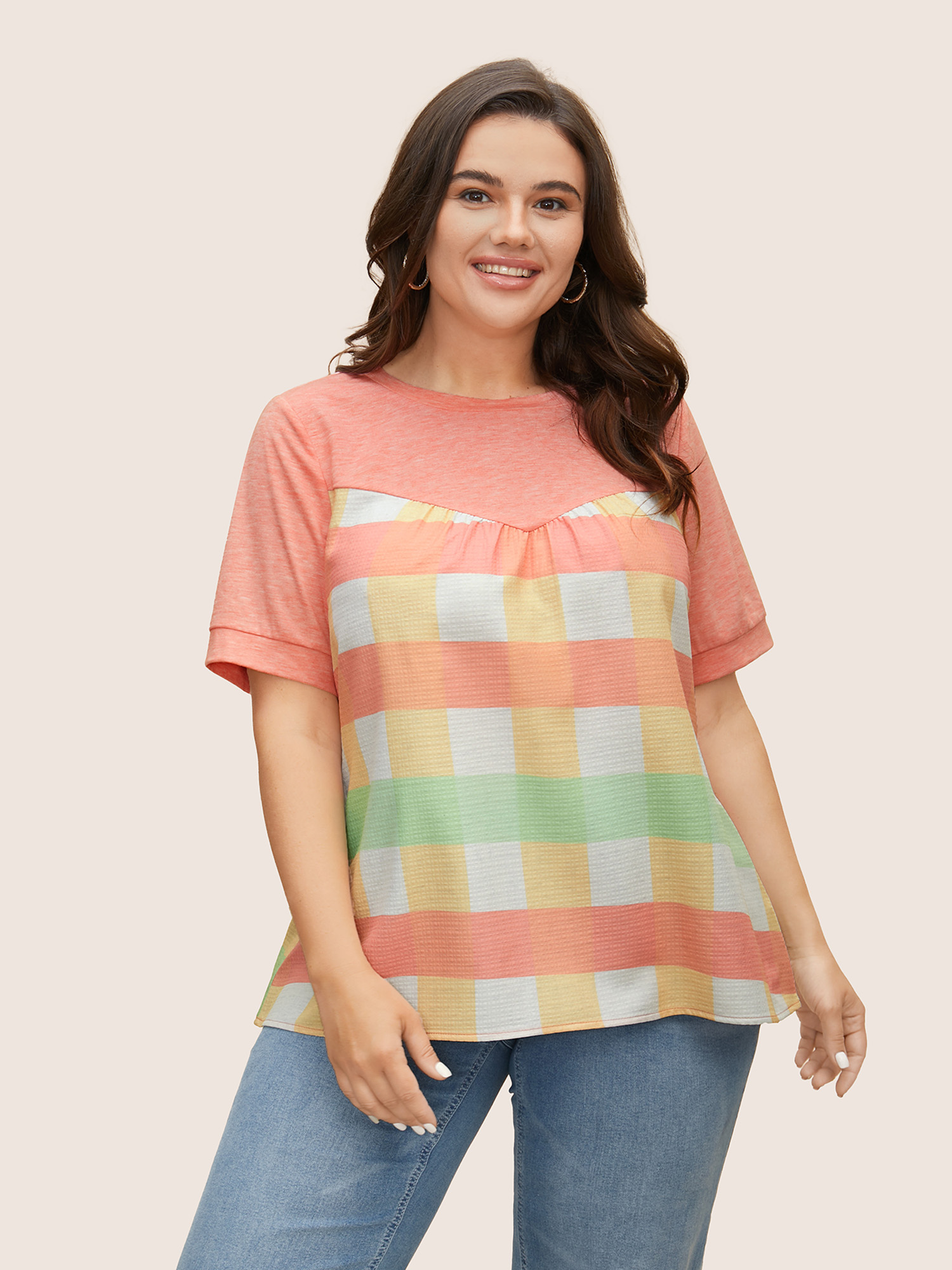 

Plus Size Crew Neck Colored Plaid Patchwork Gathered T-shirt Salmon Women Casual Contrast Round Neck Everyday T-shirts BloomChic