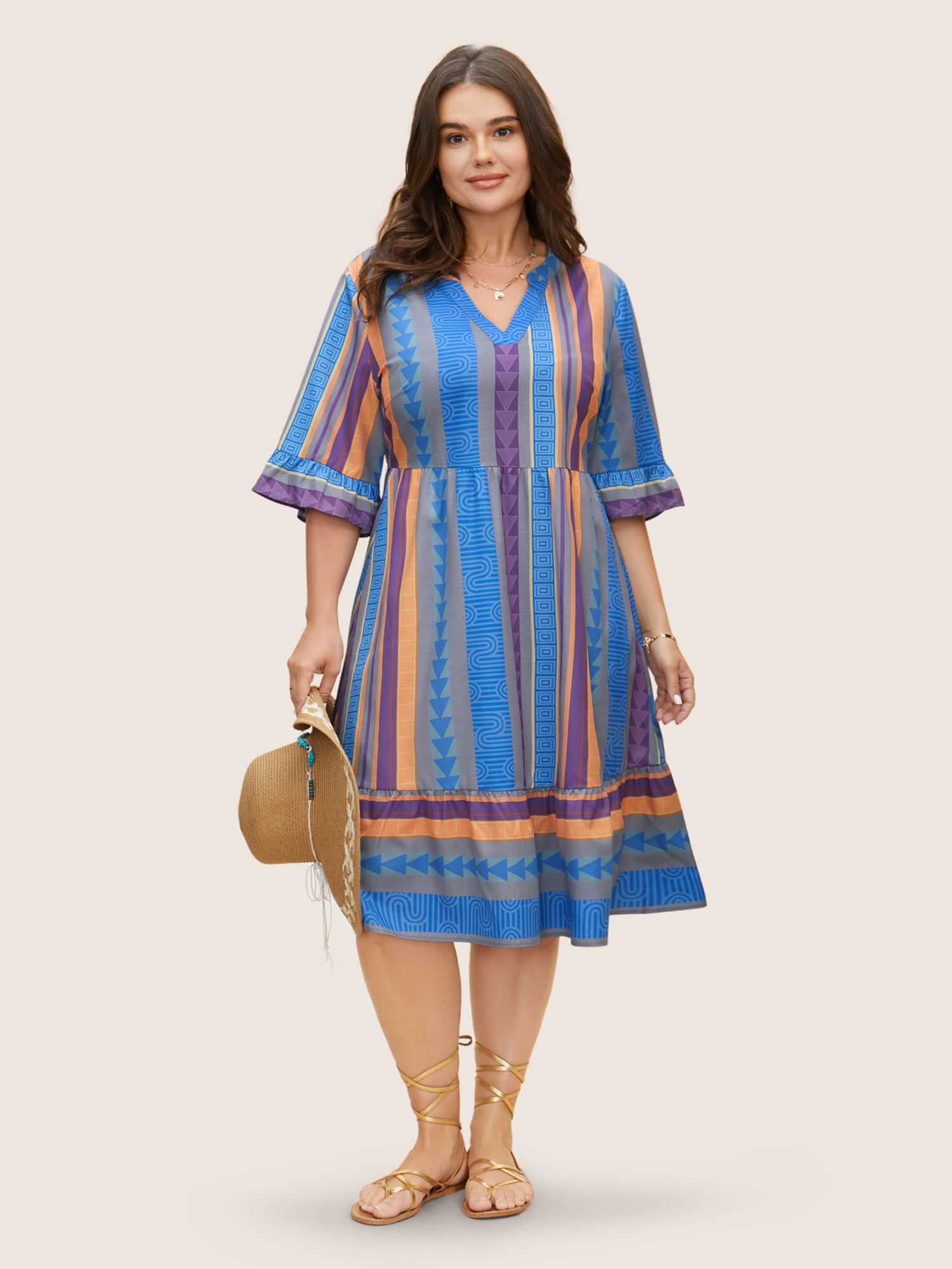 

Plus Size Notched Collar Geometric Striped Ruffle Sleeve Dress Skyblue Women Non Notched collar Half Sleeve Curvy BloomChic