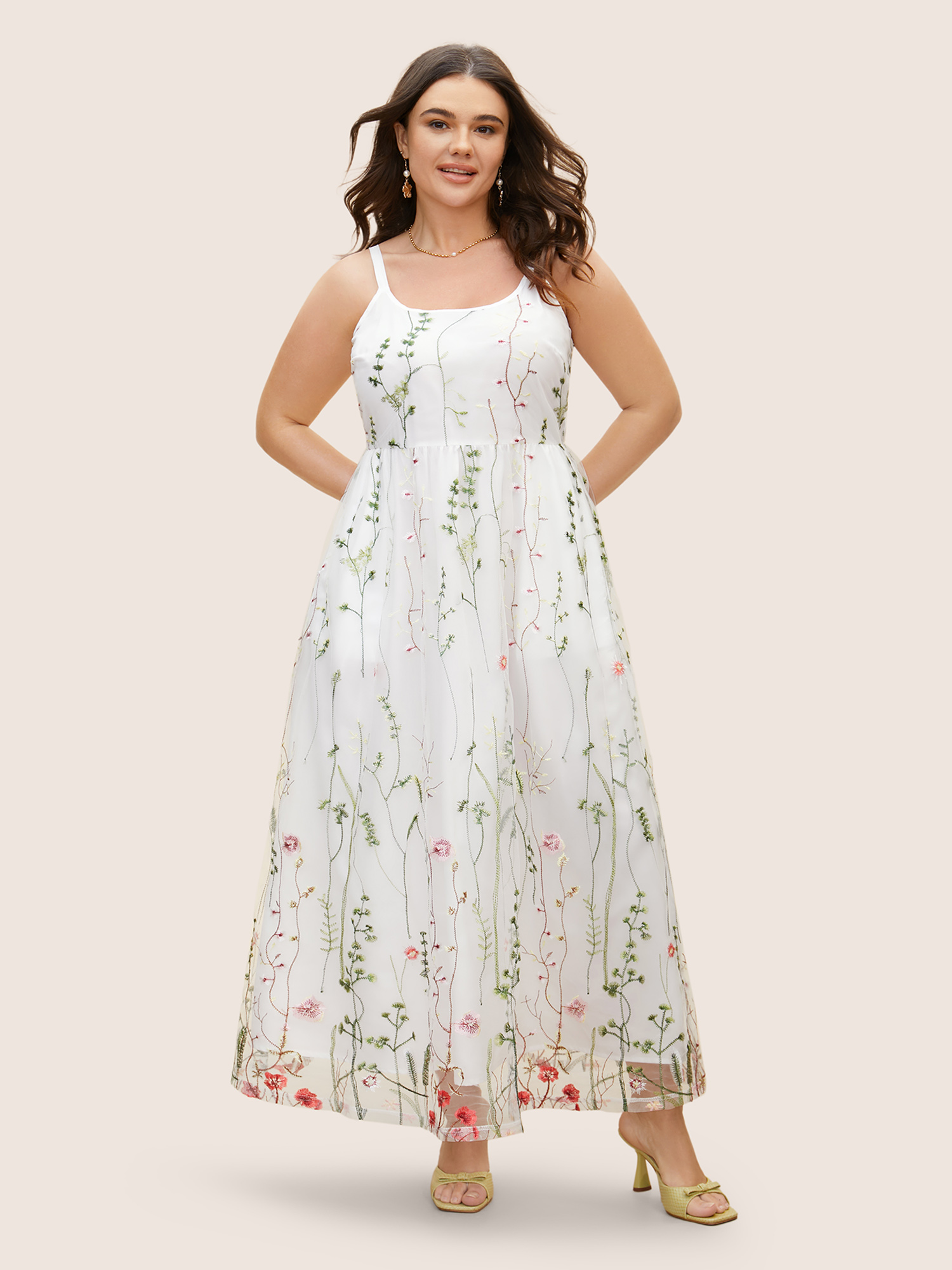 

Plus Size U Neck Floral Embroidered Mesh Cami Dress WhiteSmoke Women U-neck Sleeveless Curvy BloomChic