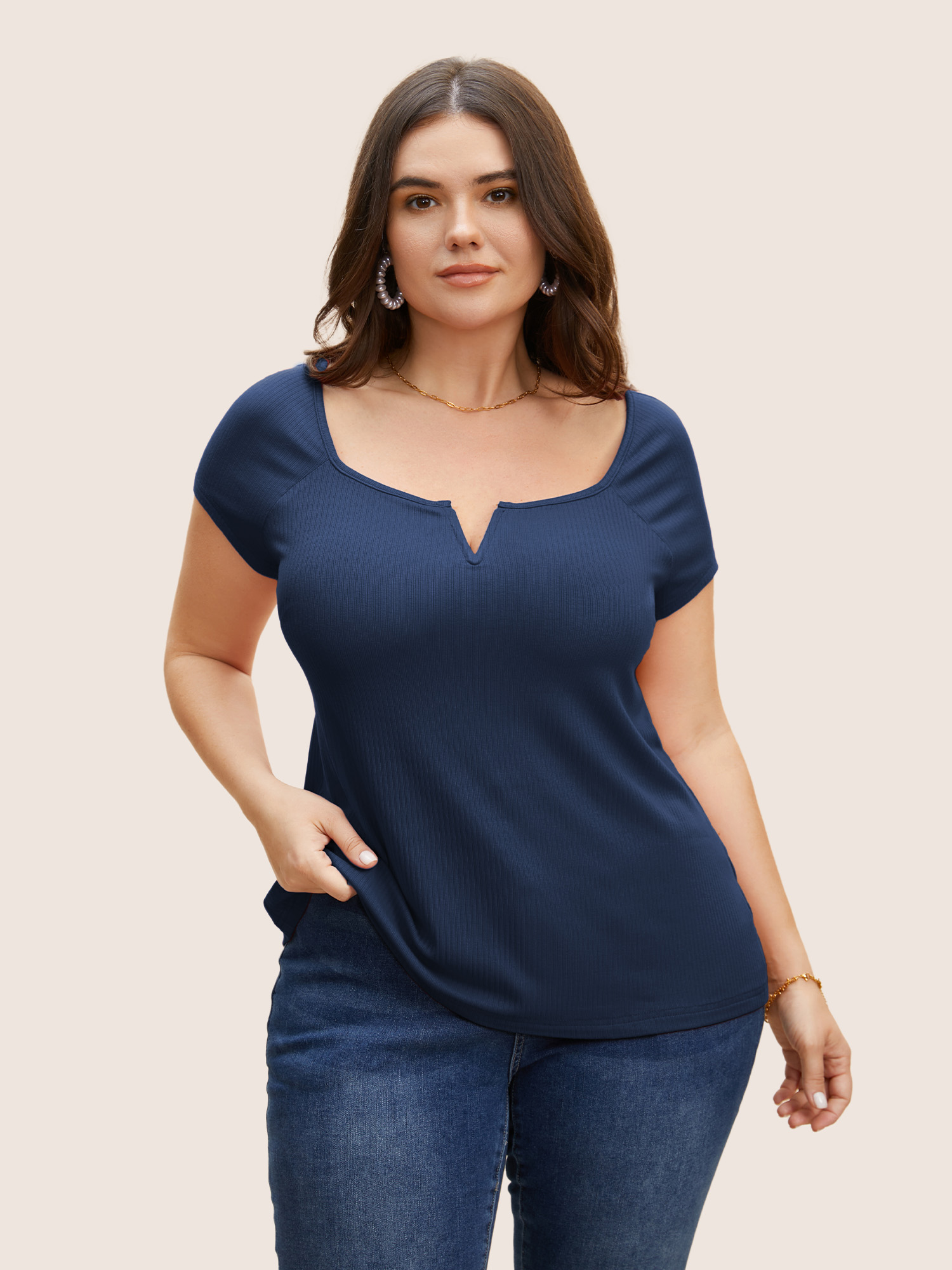 

Plus Size Solid Notched Collar Pit Strip T-shirt Indigo Women Elegant Non Notched collar Bodycon Everyday T-shirts BloomChic
