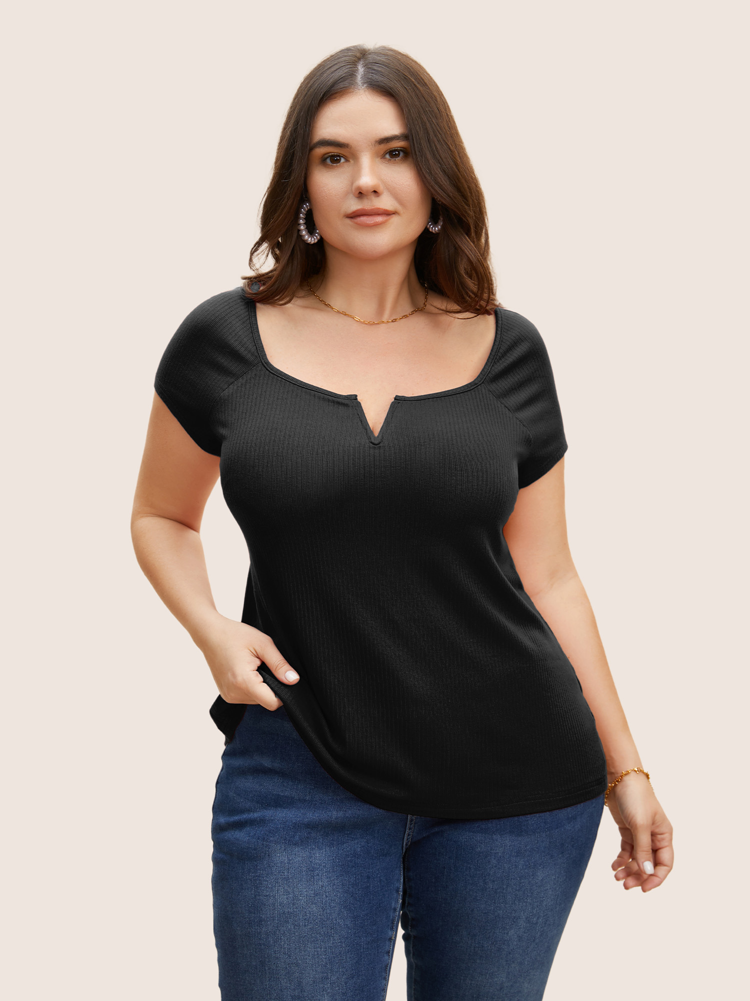 

Plus Size Solid Notched Collar Pit Strip T-shirt Black Women Elegant Non Notched collar Bodycon Everyday T-shirts BloomChic