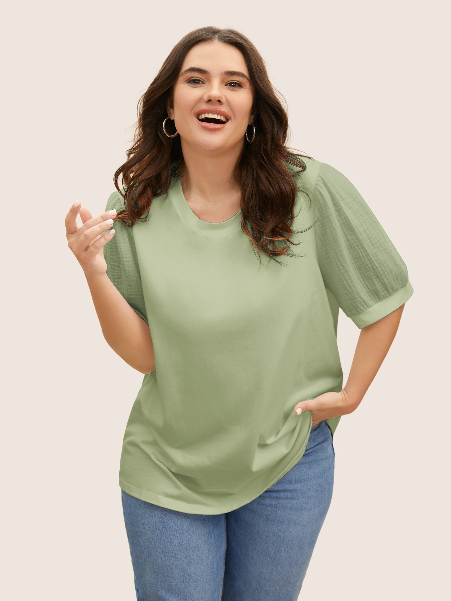 

Plus Size Plain Textured Patchwork Lantern Sleeve T-shirt LightGreen Women Casual Texture Round Neck Everyday T-shirts BloomChic