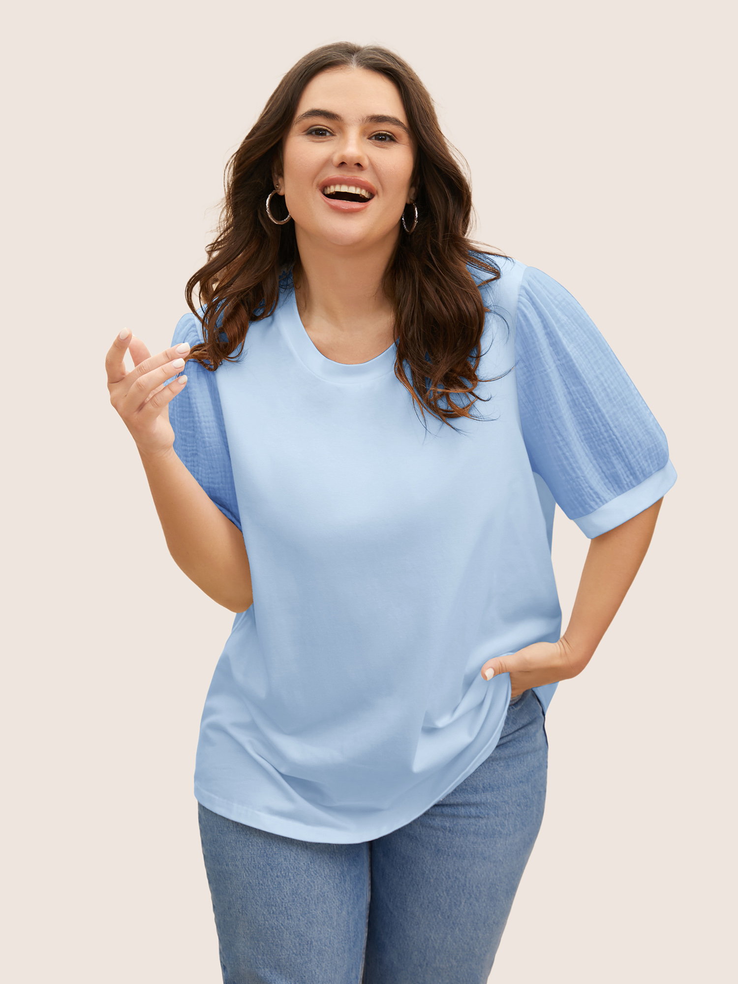 

Plus Size Plain Textured Patchwork Lantern Sleeve T-shirt LightBlue Women Casual Texture Round Neck Everyday T-shirts BloomChic