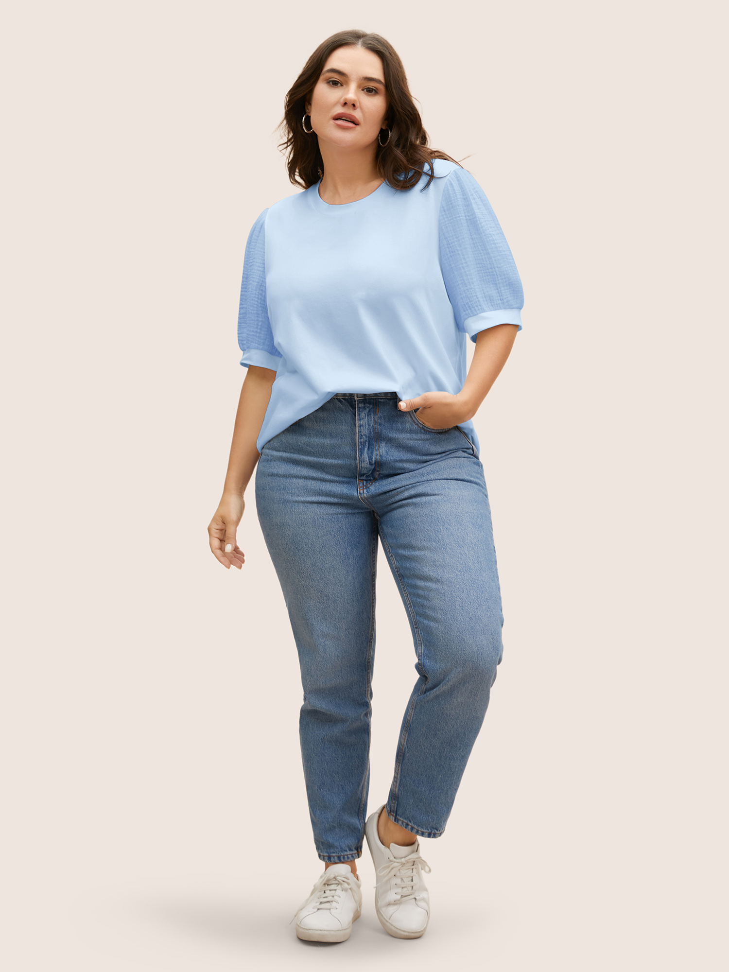 Plus Size Plain Textured Patchwork Lantern Sleeve T-shirt LightBlue Women Casual Texture Round Neck Everyday T-shirts BloomChic 10/M 