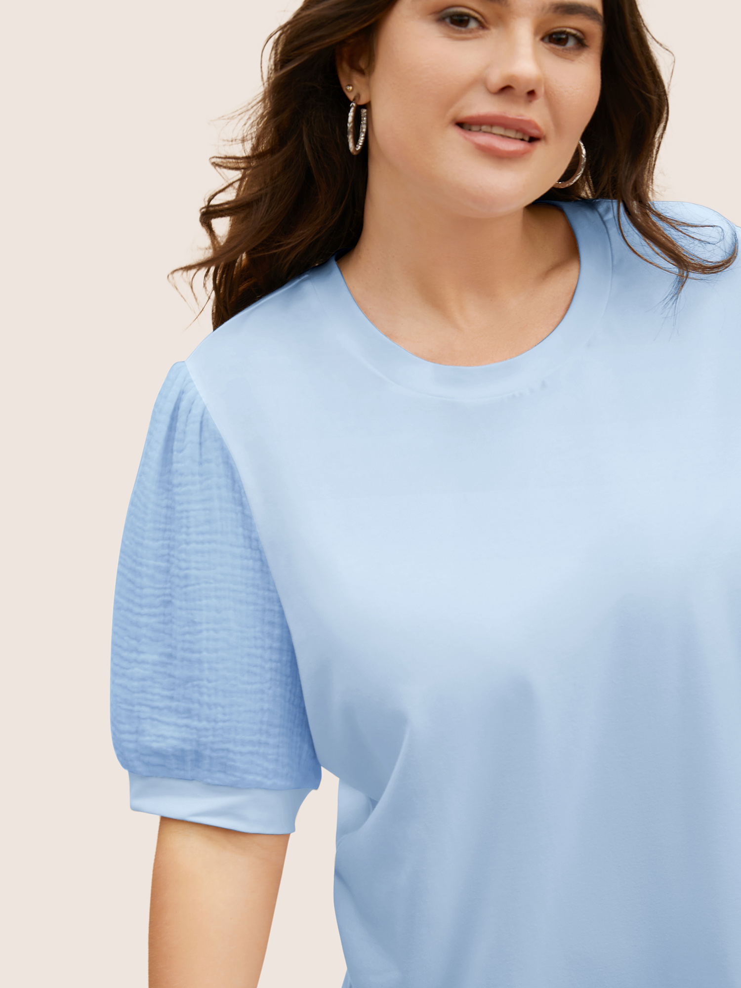 Plus Size Plain Textured Patchwork Lantern Sleeve T-shirt LightBlue Women Casual Texture Round Neck Everyday T-shirts BloomChic 10/M 