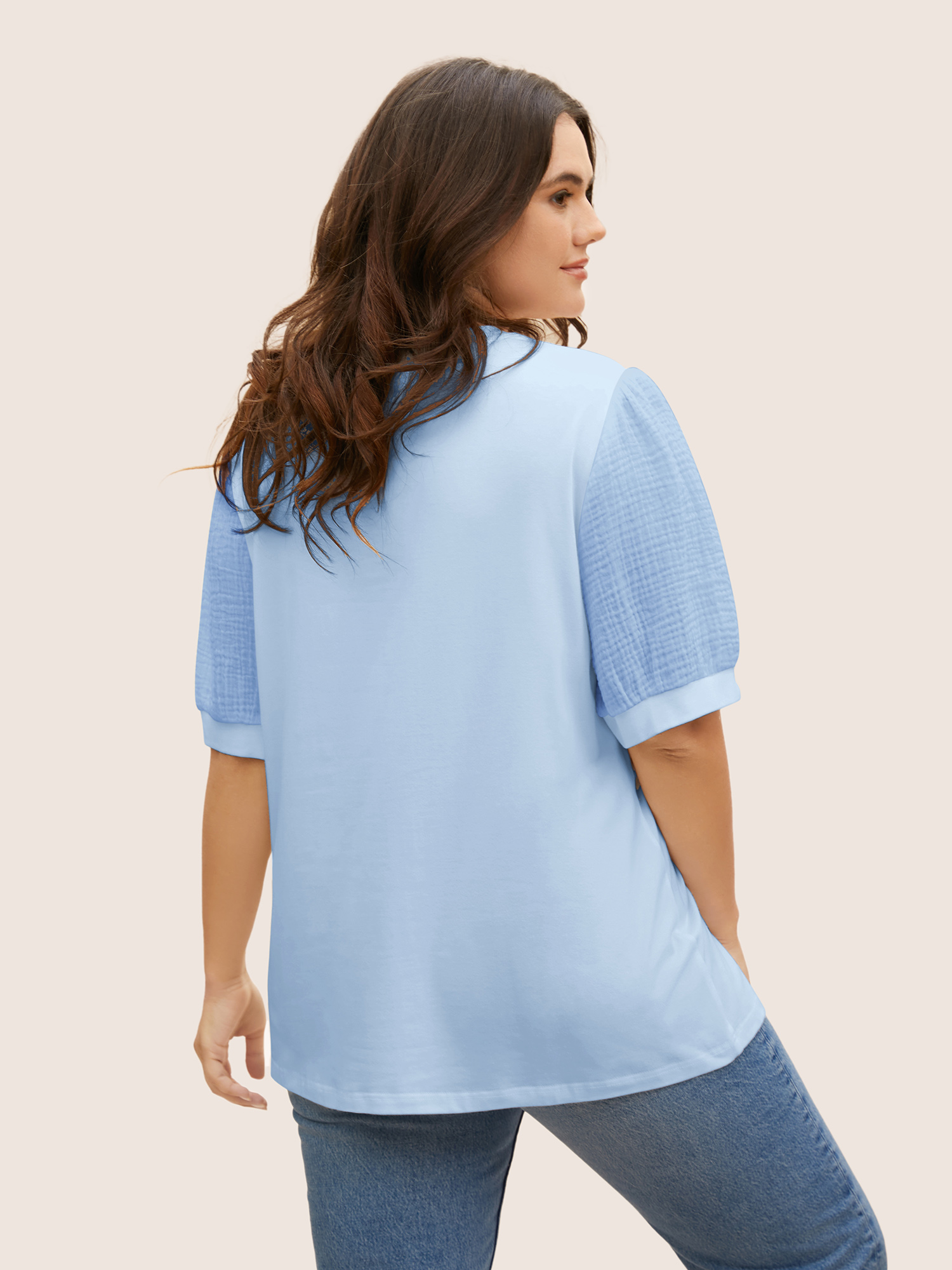 Plus Size Plain Textured Patchwork Lantern Sleeve T-shirt LightBlue Women Casual Texture Round Neck Everyday T-shirts BloomChic 10/M 