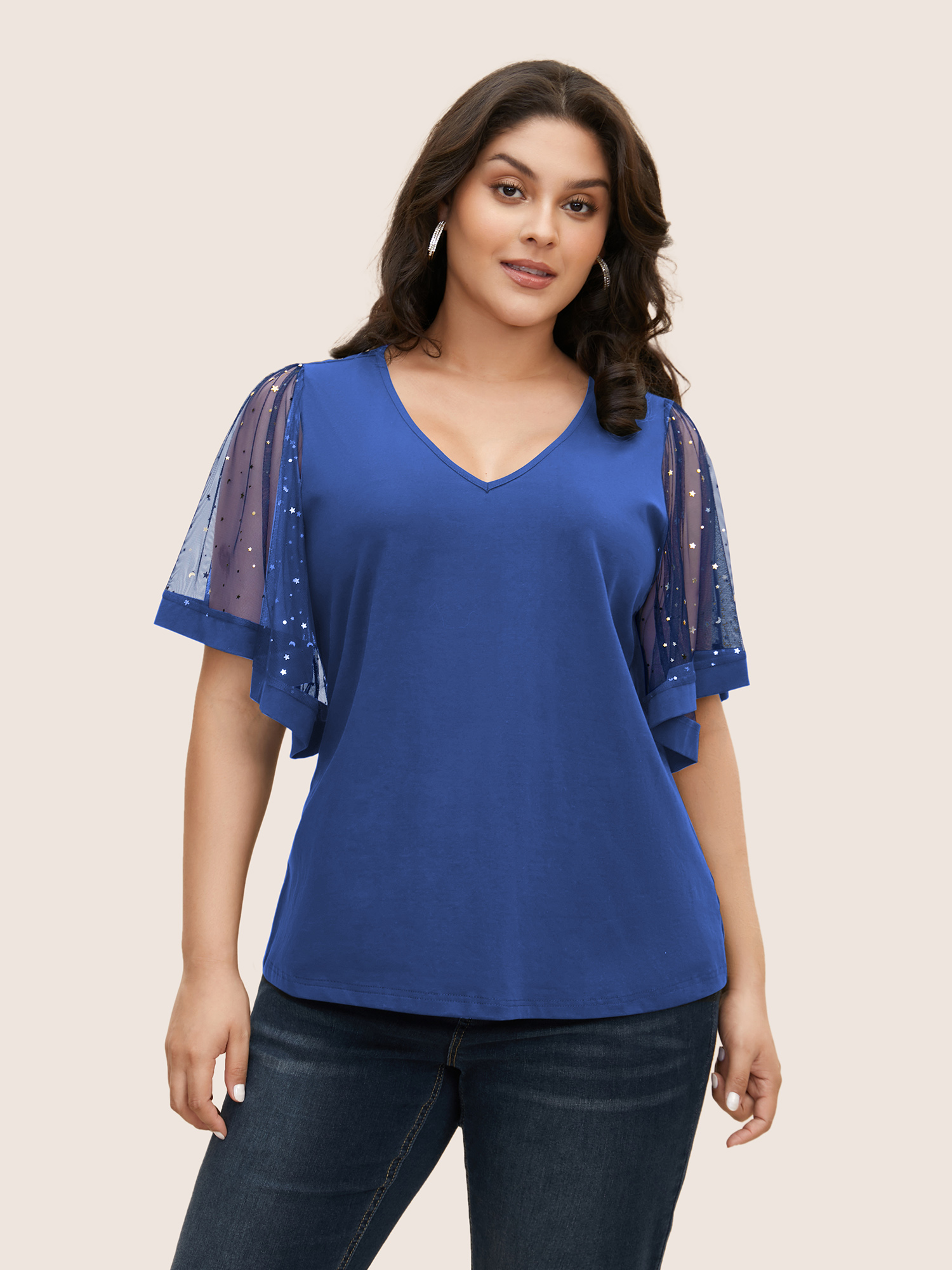 

Plus Size Star Sequin Mesh Patchwork Ruffle Sleeve T-shirt Mediumblue Women Resort See through Star and moon V-neck Vacation T-shirts BloomChic