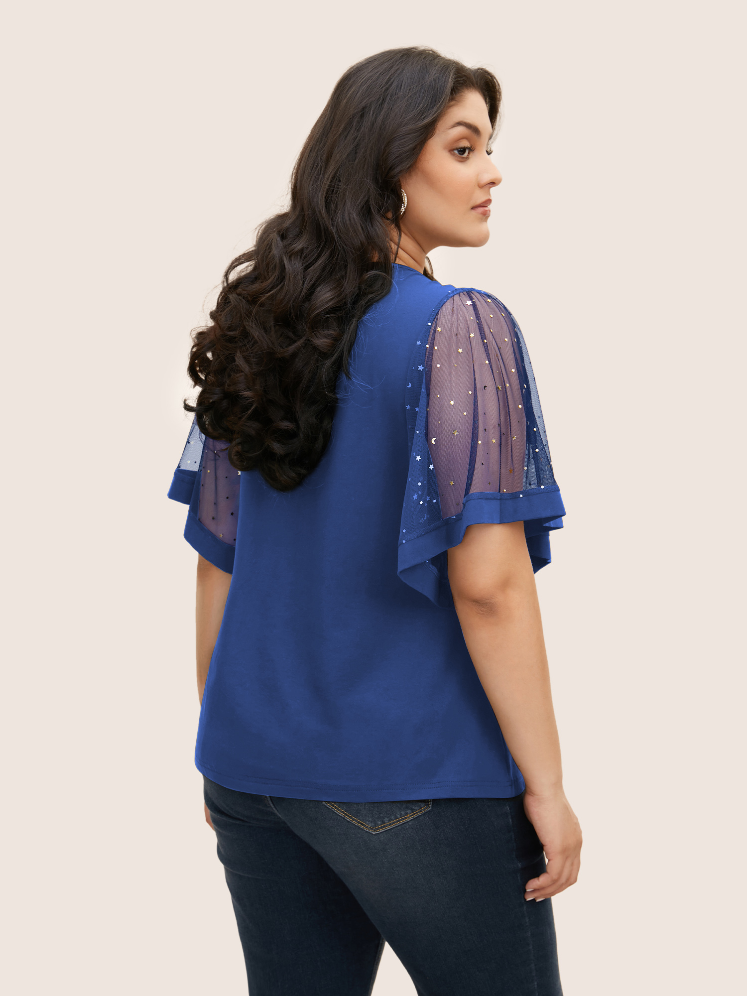 

Plus Size Star Sequin Mesh Patchwork Ruffle Sleeve T-shirt Mediumblue V-neck Short sleeve Resort Jersey Tops