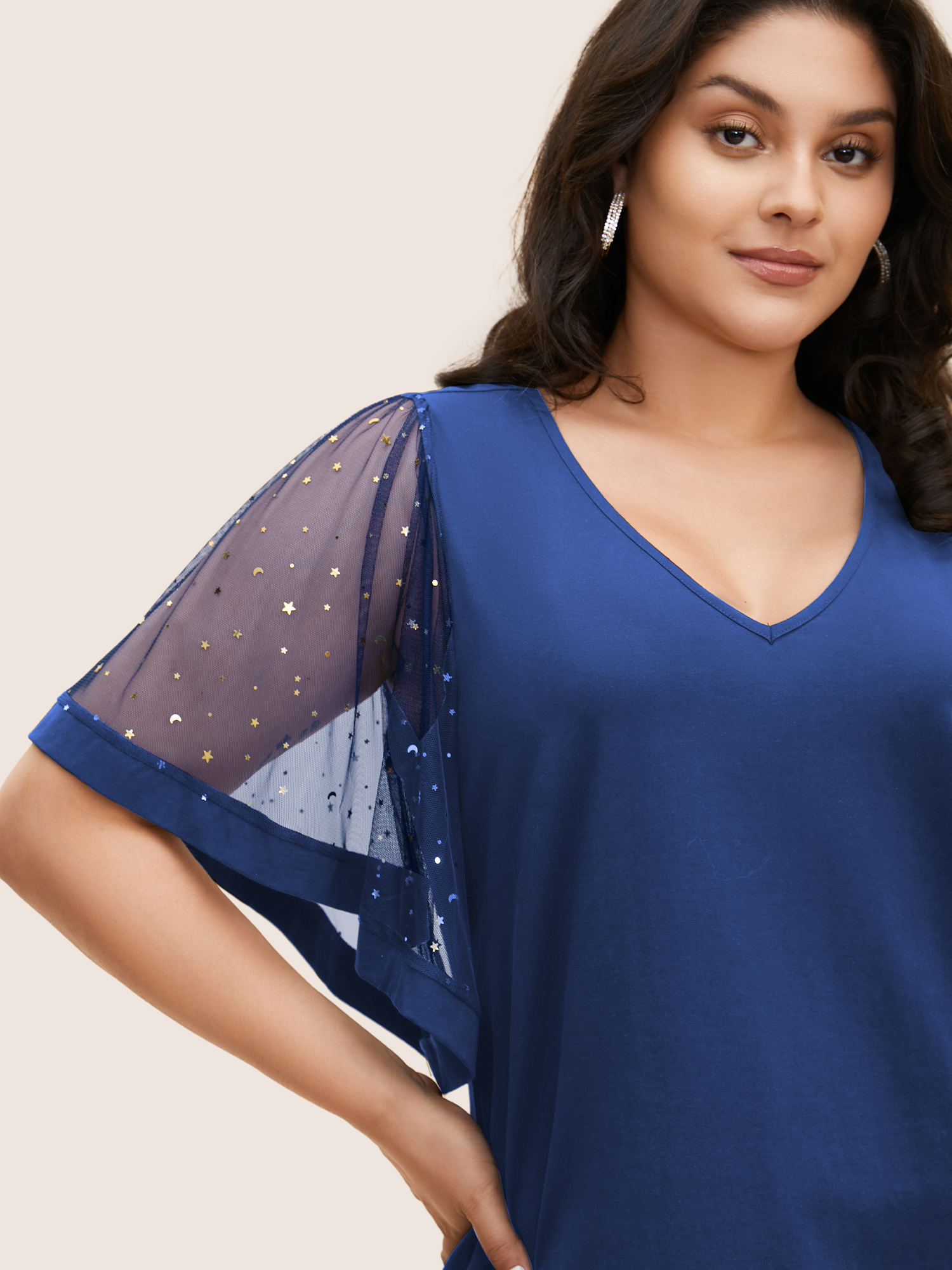 Plus Size Star Sequin Mesh Patchwork Ruffle Sleeve T-shirt Mediumblue Women Resort See through Star and moon V-neck Vacation T-shirts BloomChic 12/L 