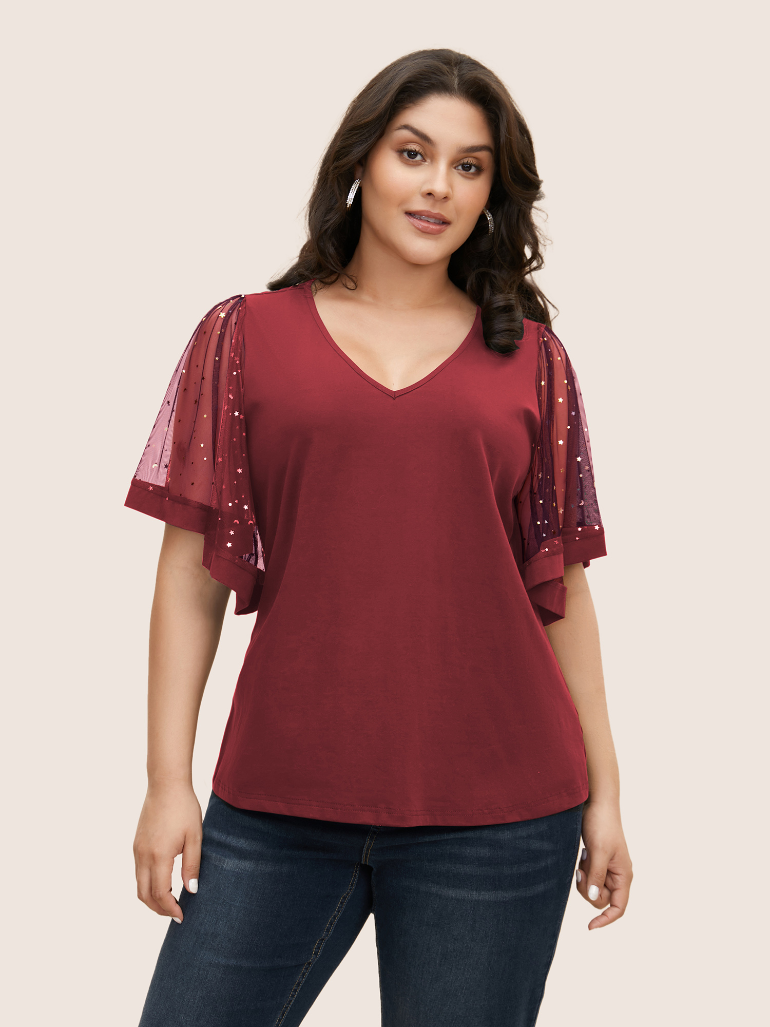 

Plus Size Star Sequin Mesh Patchwork Ruffle Sleeve T-shirt Scarlet Women Resort See through Star and moon V-neck Vacation T-shirts BloomChic