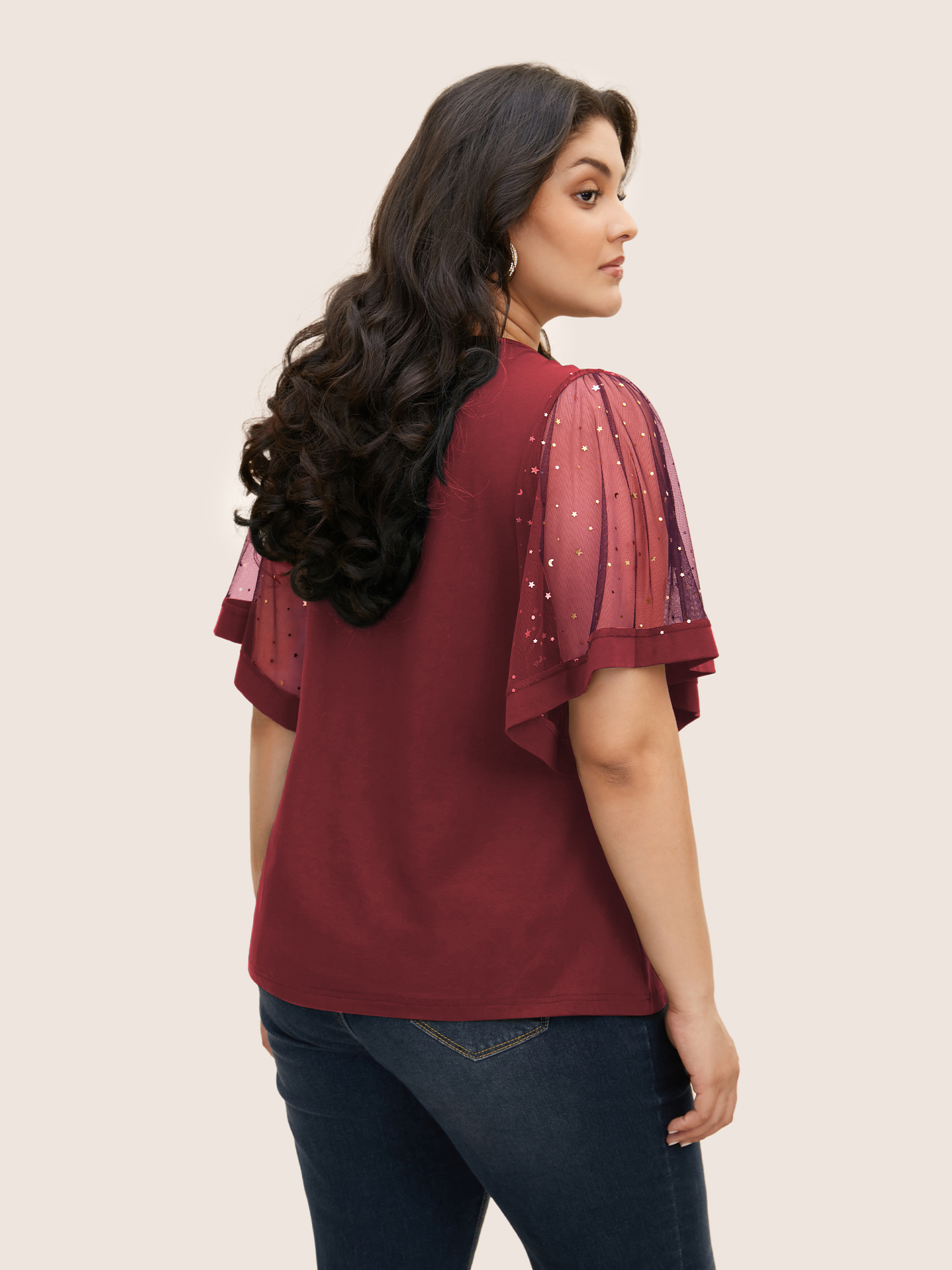 Plus Size Star Sequin Mesh Patchwork Ruffle Sleeve T-shirt Scarlet Women Resort See through Star and moon V-neck Vacation T-shirts BloomChic 28/5X 
