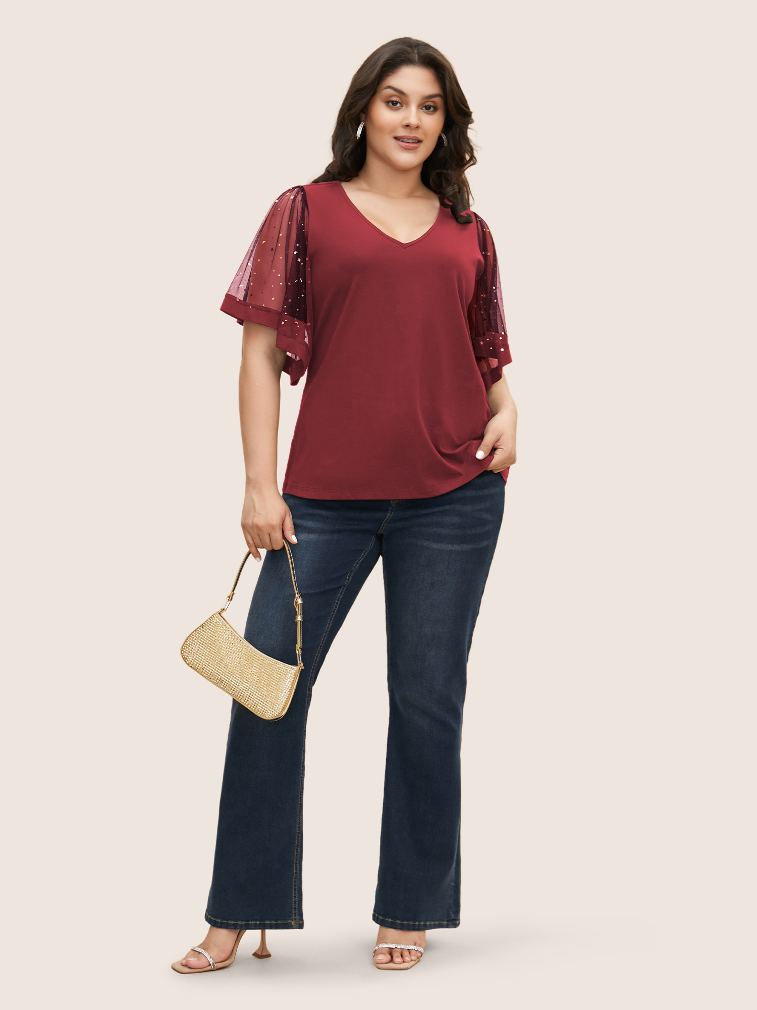 Plus Size Star Sequin Mesh Patchwork Ruffle Sleeve T-shirt Scarlet Women Resort See through Star and moon V-neck Vacation T-shirts BloomChic 28/5X 